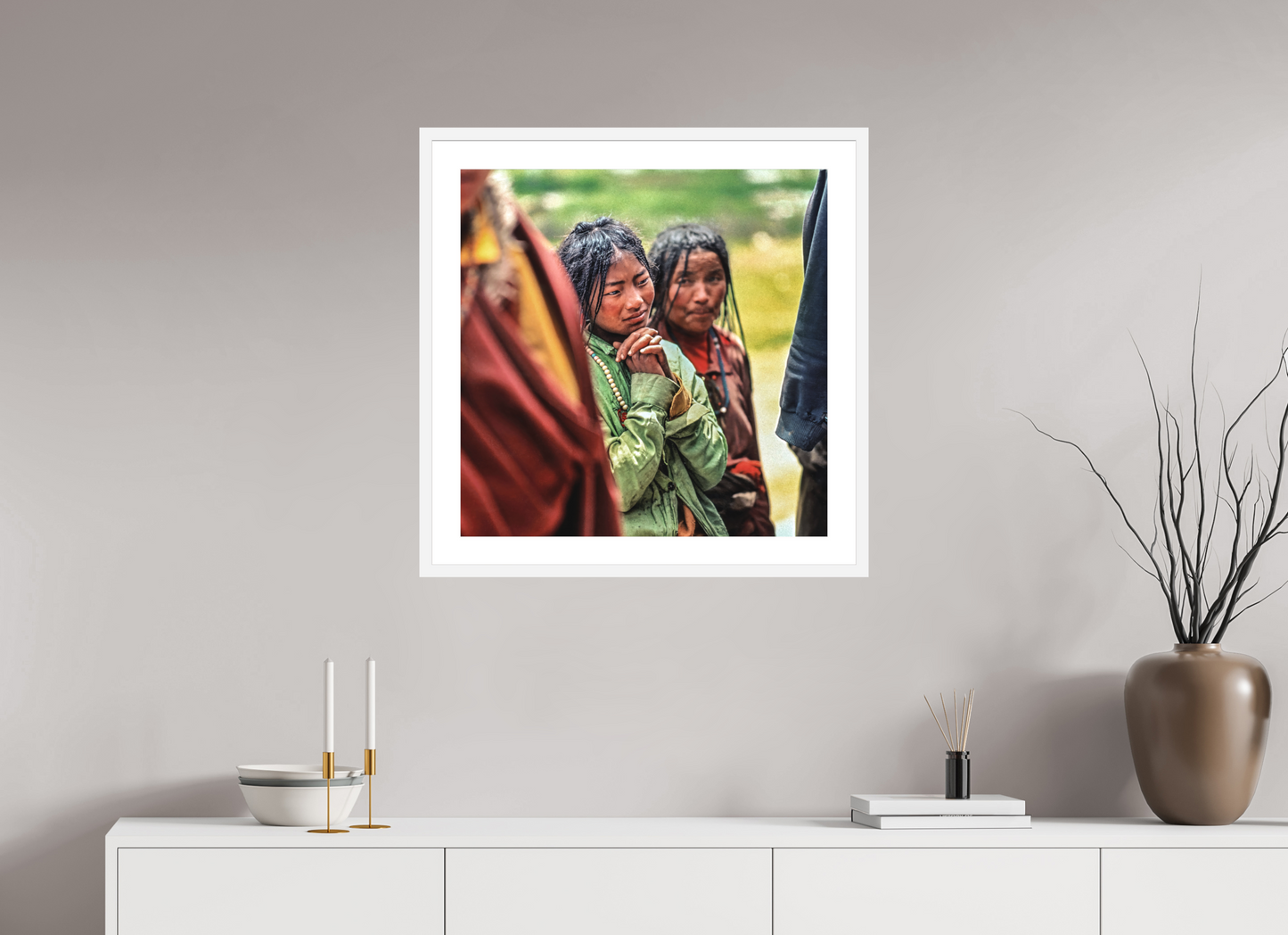 25 x 25″, Solid 0.8" White Wood Frame With 2" Natural White Passe-Partout with Museum Glass Tibetan Girl in Green Jacket (square format)