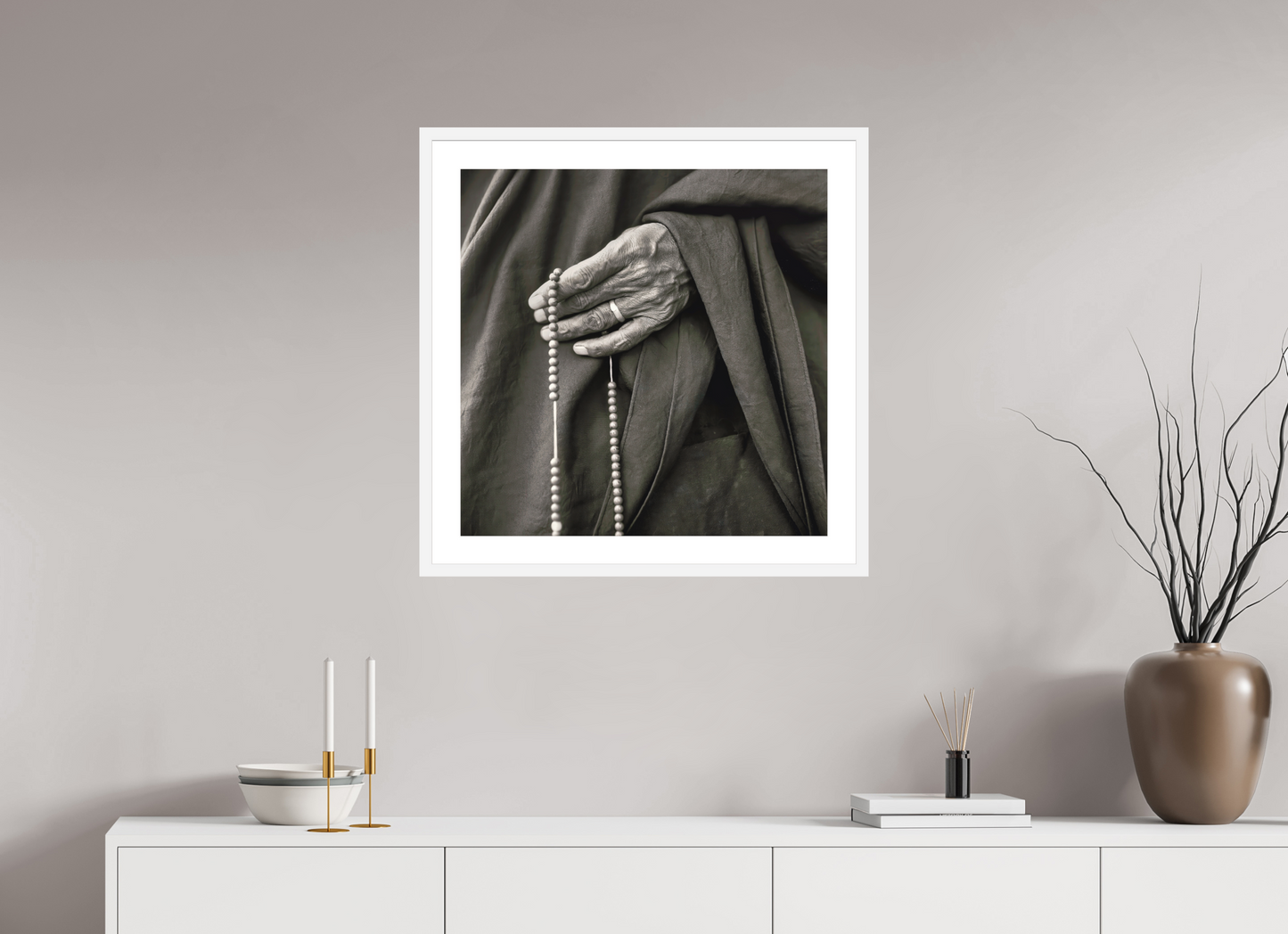 25 x 25″, Solid 0.8" White Wood Frame With 2" Natural White Passe-Partout with Museum Glass Tibetan Monk Hand with Prayer Beads, Tibet