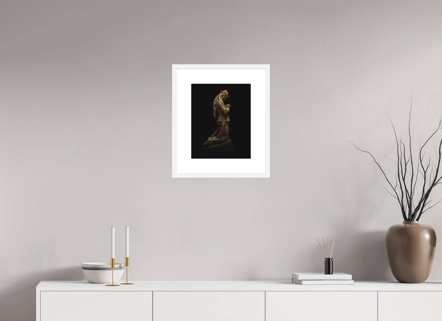 12 x 15″, Solid 0.8" White Wood Frame With 3" Natural White Passe-Partout with Museum Glass Joan of Arc Statue