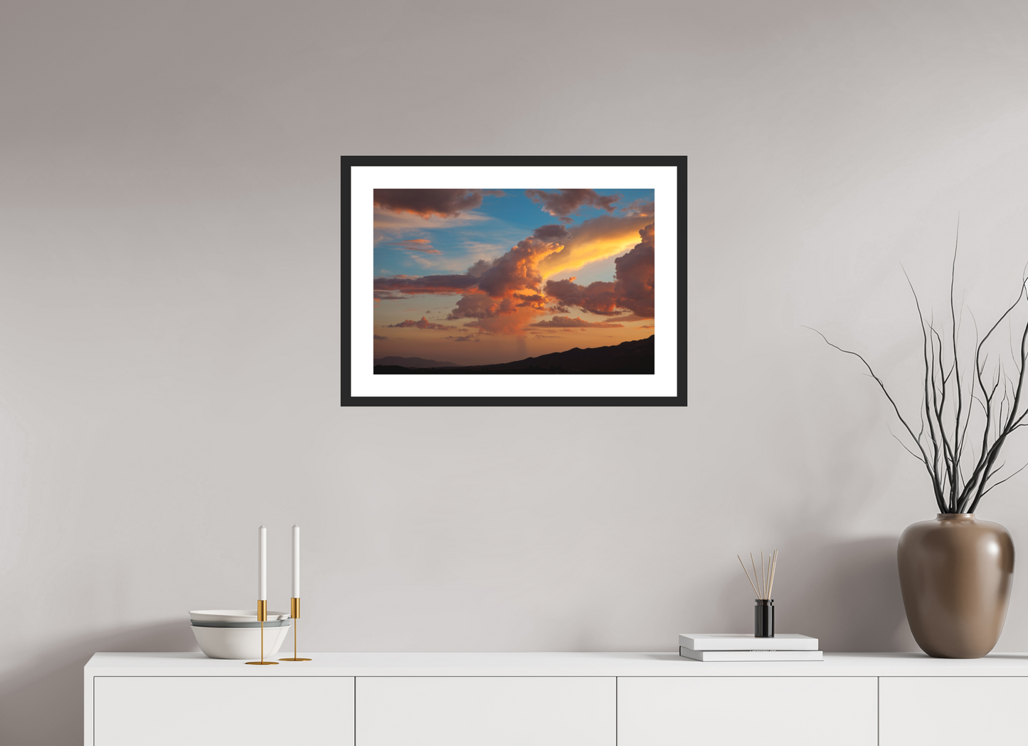 24 x 16″, Solid 0.8" Black Wood Frame With 2" Natural White Passe-Partout with Museum Glass Sunset Clouds and Mountains