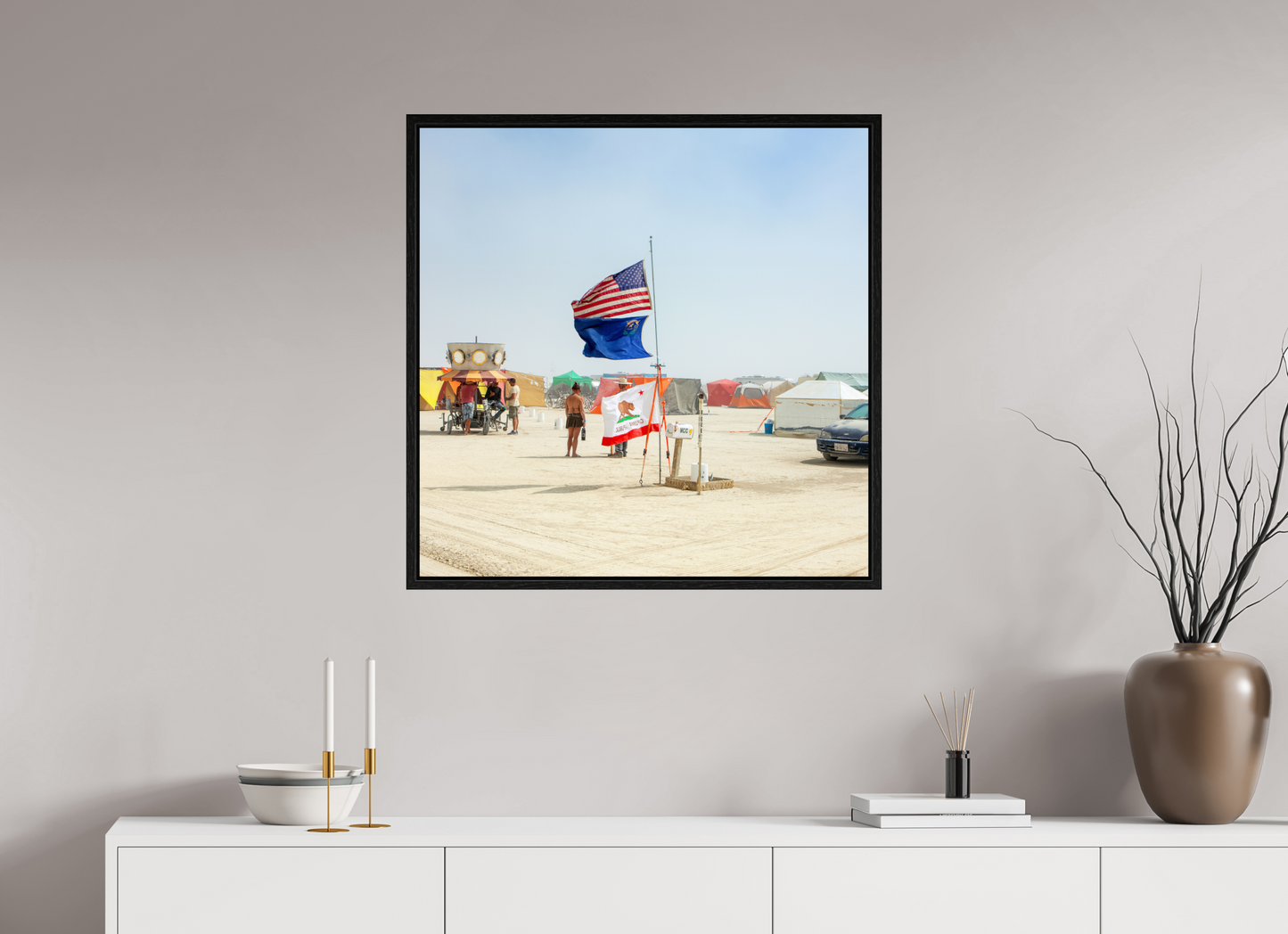 30 x 30″, Floater Frame Burning Man - Woman with Flags