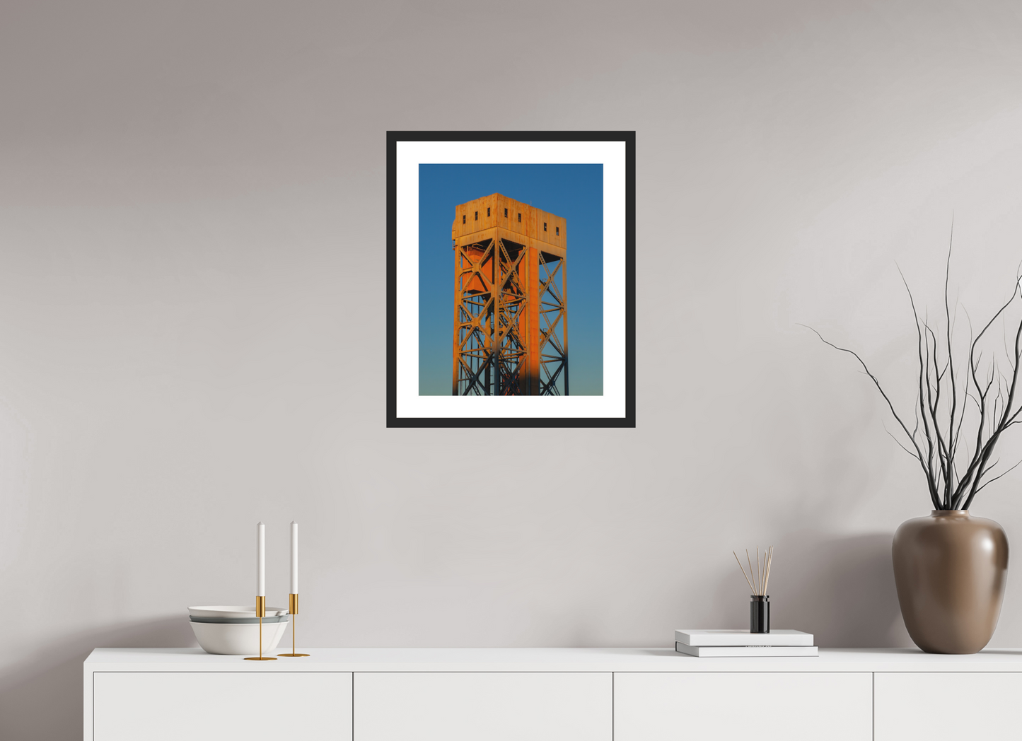 16 x 20″, Solid 0.8" Black Wood Frame With 2" Natural White Passe-Partout with Museum Glass Rusty Work Building