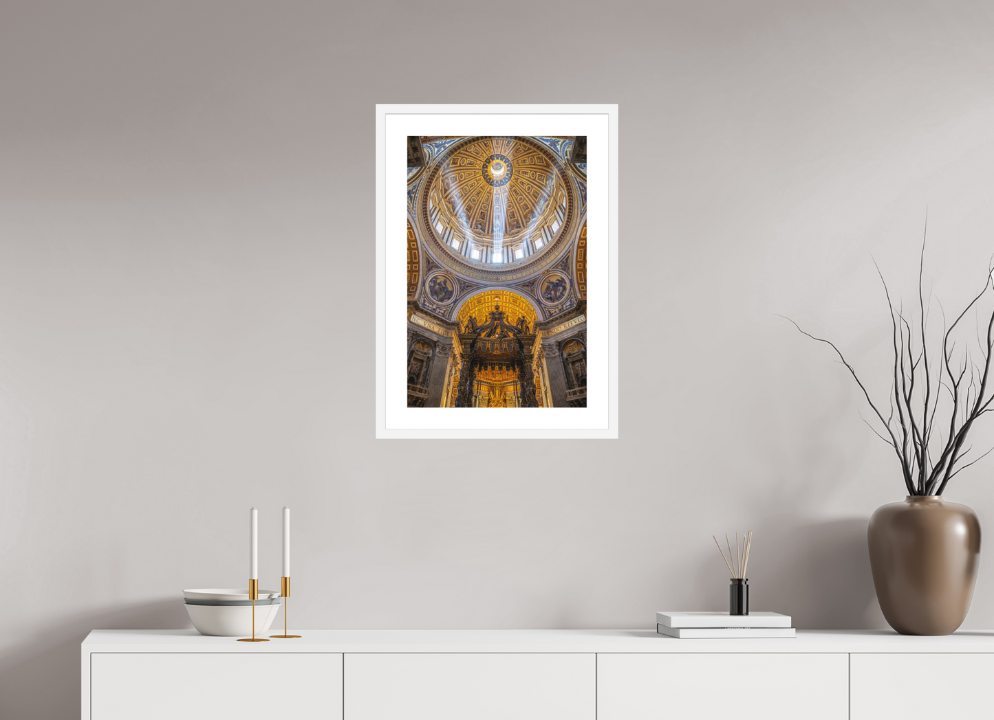 16 x 24″, Solid 0.8" White Wood Frame With 2" Natural White Passe-Partout with Museum Glass The Vatican Basilica