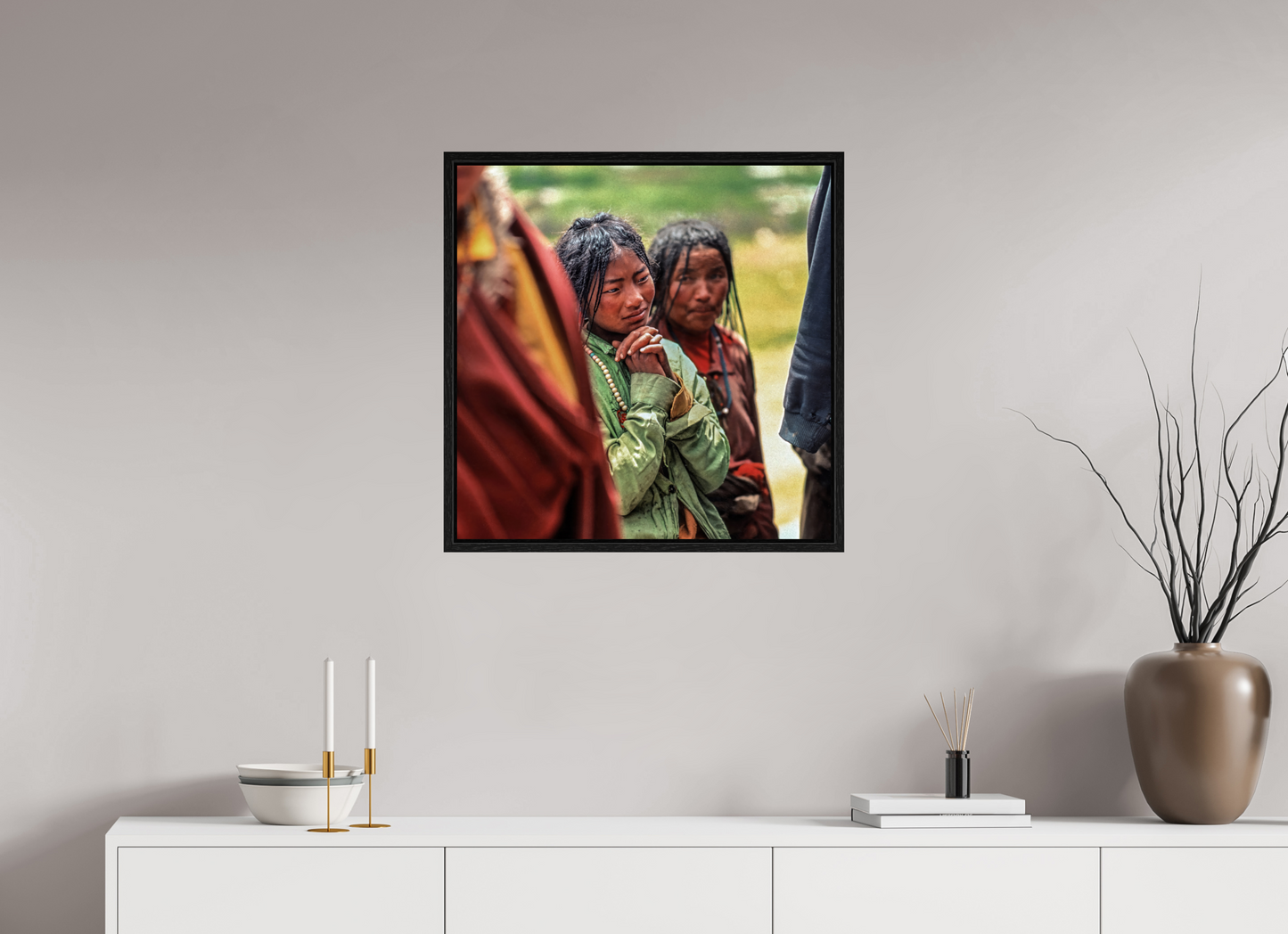 25 x 25″, Floater Frame Tibetan Girl in Green Jacket