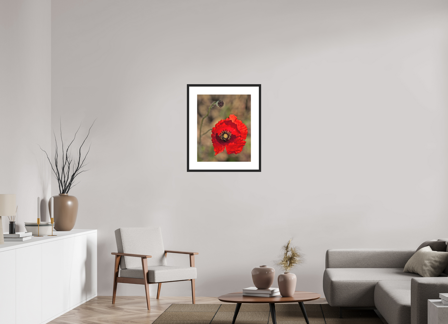 20 x 25″, Solid 0.8" Black Wood Frame With 3" Natural White Passe-Partout with Museum Glass Poppy
