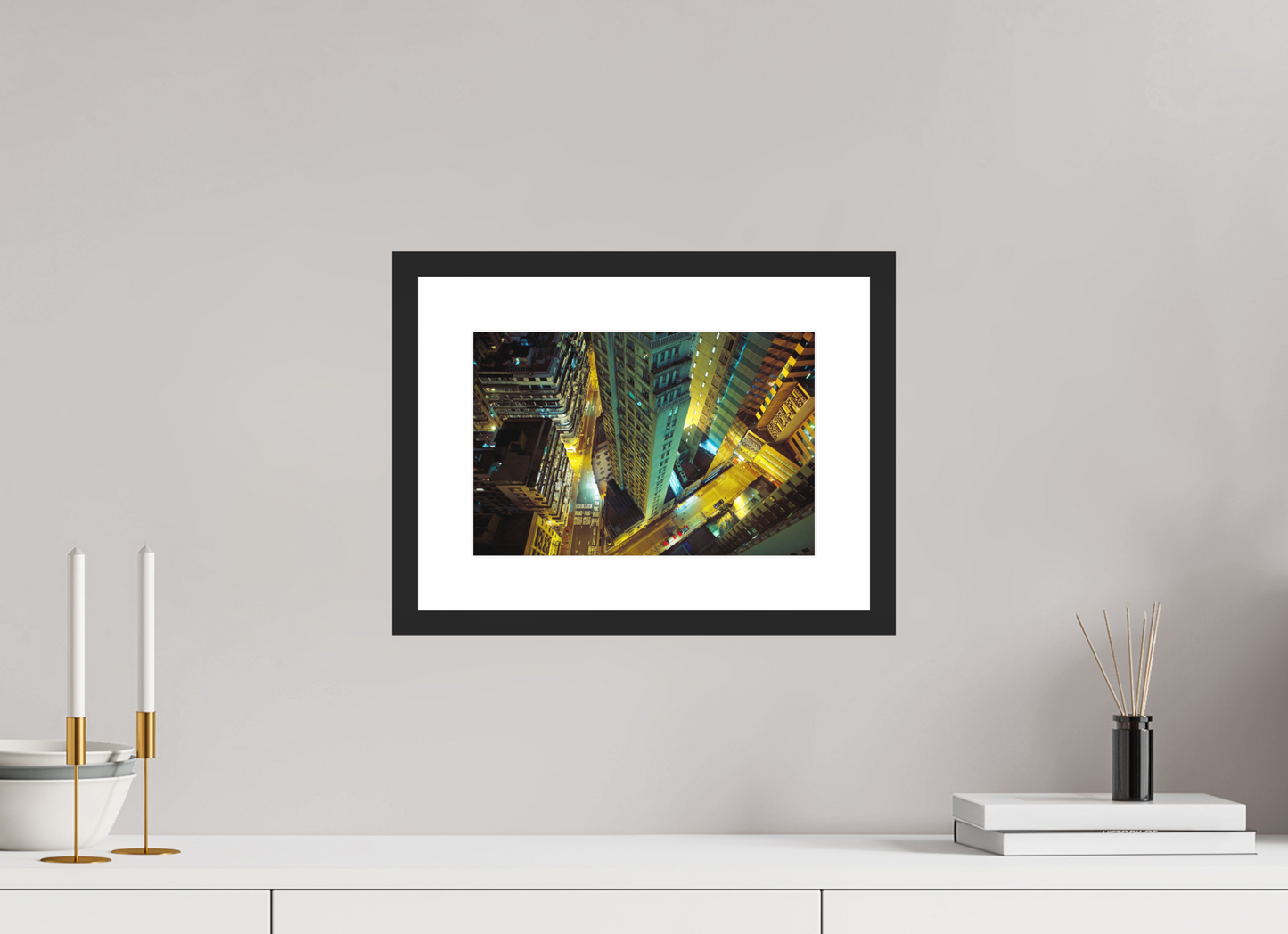 12 x 8″, Solid 0.8" Black Wood Frame With 2" Natural White Passe-Partout with Museum Glass Downtown Hong Kong