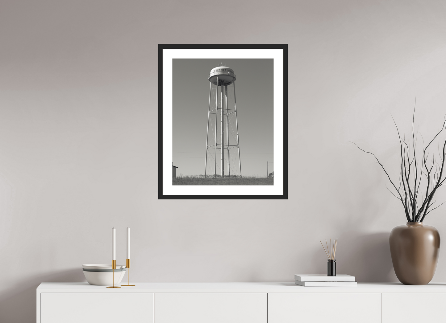 20 x 25″, Solid 0.8" Black Wood Frame With 2" Natural White Passe-Partout with Museum Glass Water Tower  RWD No. 6