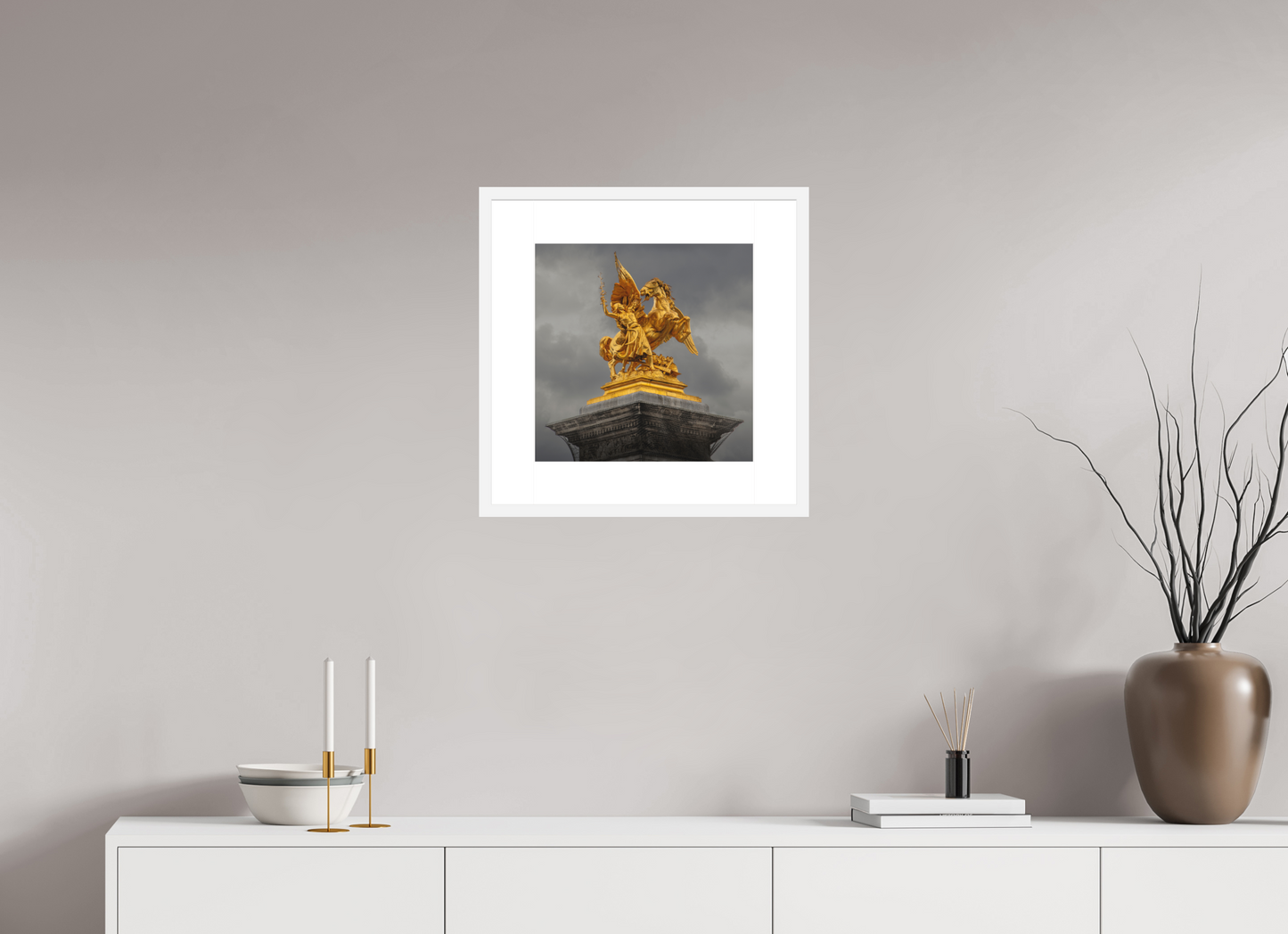 15 x 15″, Solid 0.8" White Wood Frame With 3" Natural White Passe-Partout with Museum Glass Pegasus and Fame Sculpture