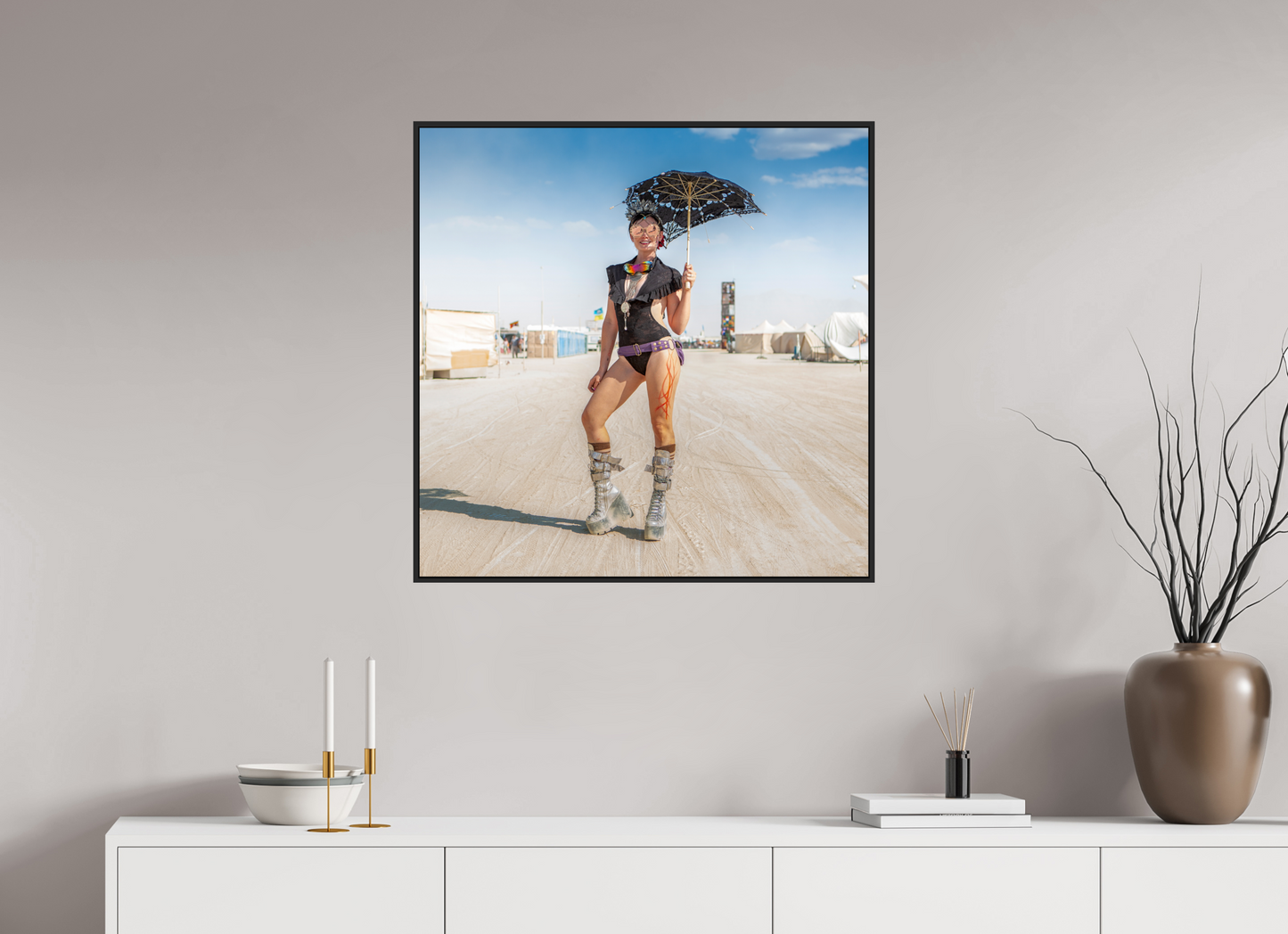 30 x 30″, Black Matte Frame, No Border Burning Man - Attendee with Parasol