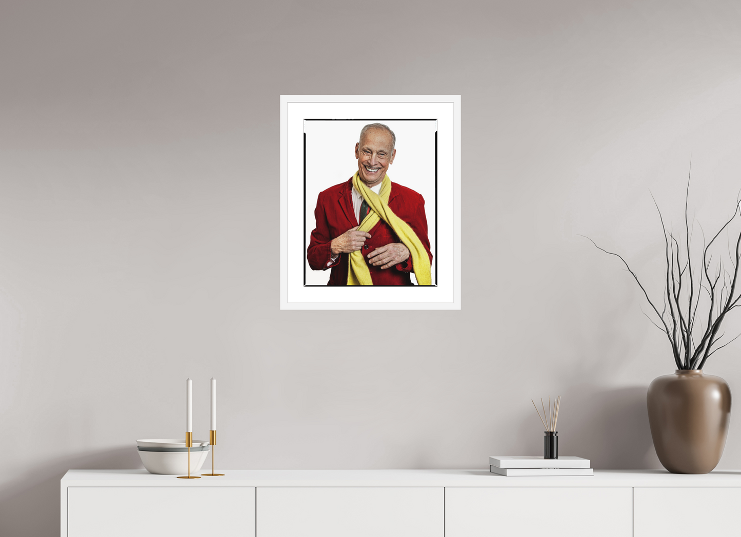 16 x 20″, Solid 0.8" White Wood Frame With 2" Natural White Passe-Partout with Museum Glass Director John Waters in Red Jacket