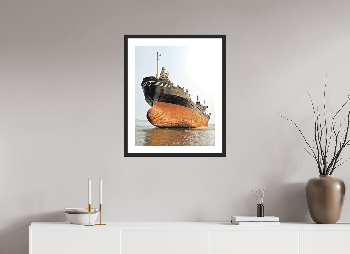 20 x 25″, Solid 0.8" Black Wood Frame With 2" Natural White Passe-Partout with Museum Glass Beached Ship Angola