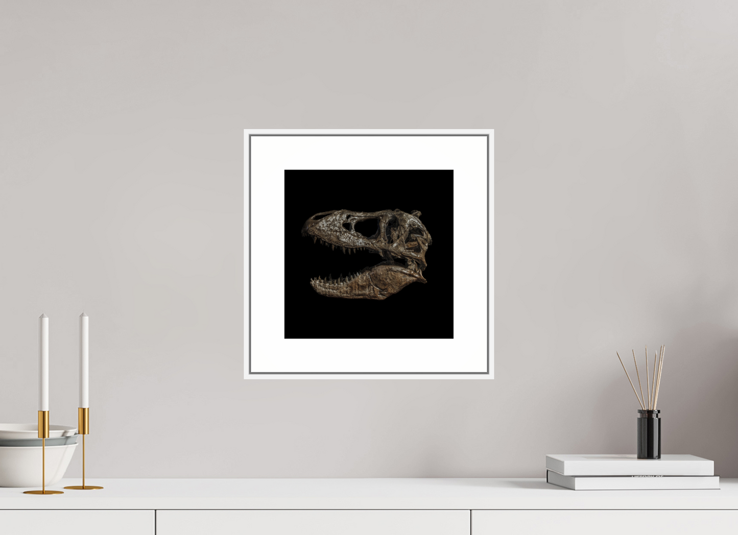 10 x 10″, White Matte Frame T-Rex Skull