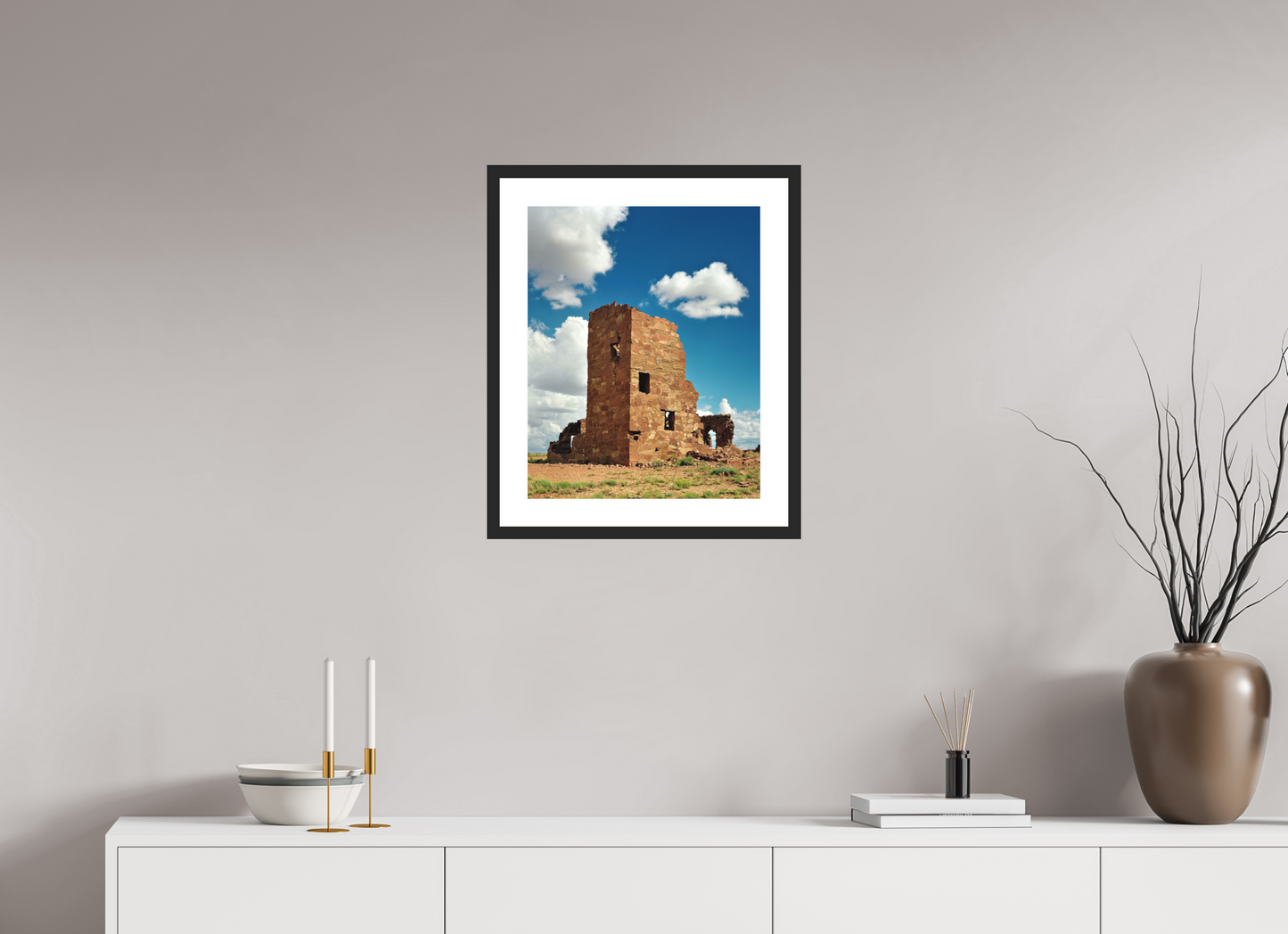 16 x 20″, Solid 0.8" Black Wood Frame With 2" Natural White Passe-Partout with Museum Glass Adobe Ruin