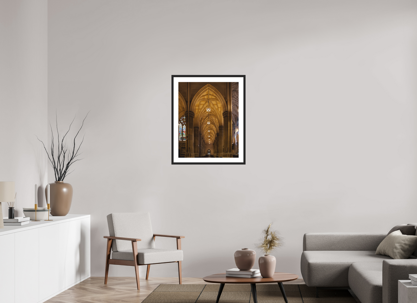 24 x 30″, Solid 0.8" Black Wood Frame With 2" Natural White Passe-Partout with Museum Glass Gothic Archway, St. Patrick's Cathedral