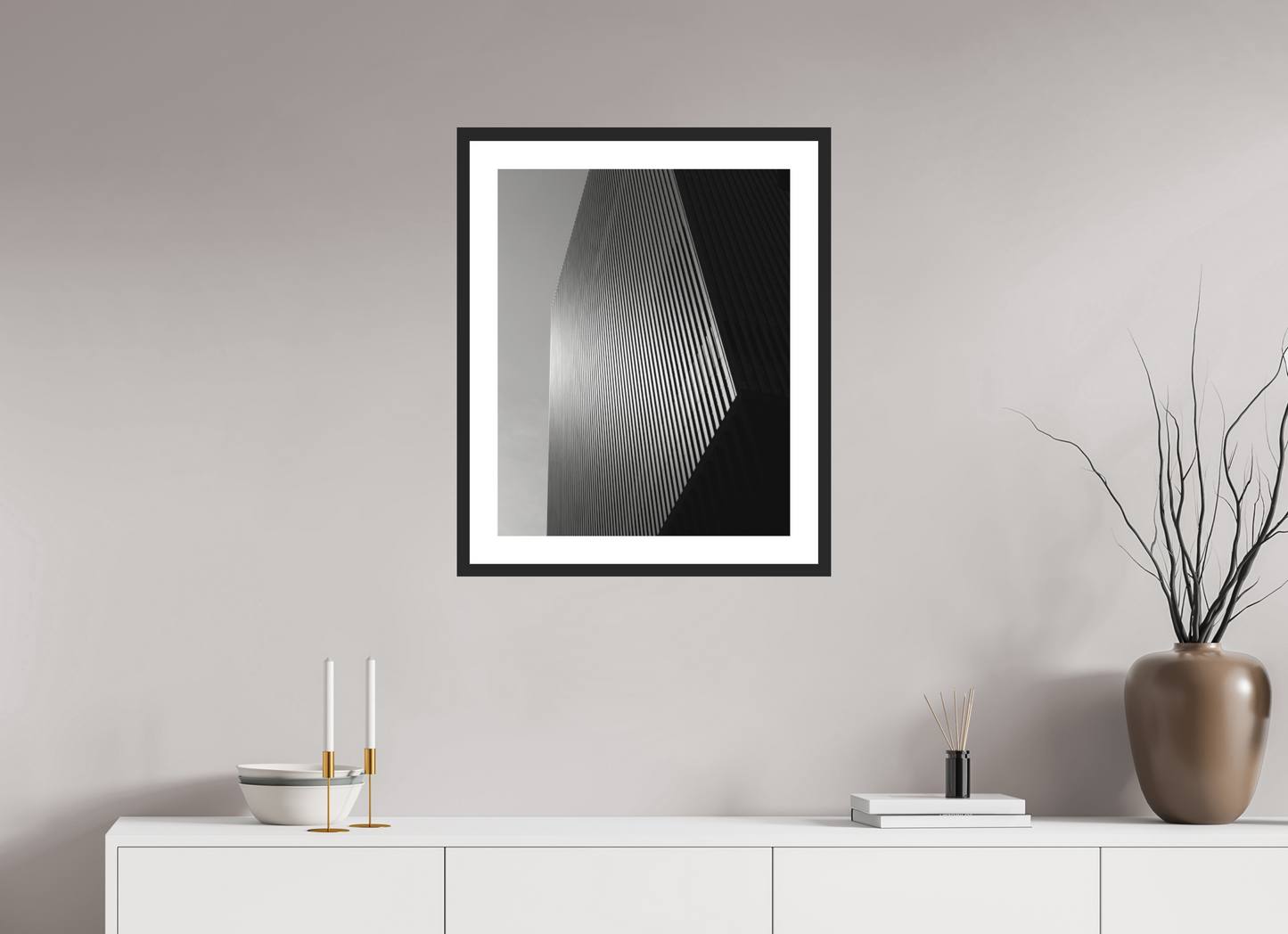 20 x 25″, Solid 0.8" Black Wood Frame With 2" Natural White Passe-Partout with Museum Glass Architectural Facade