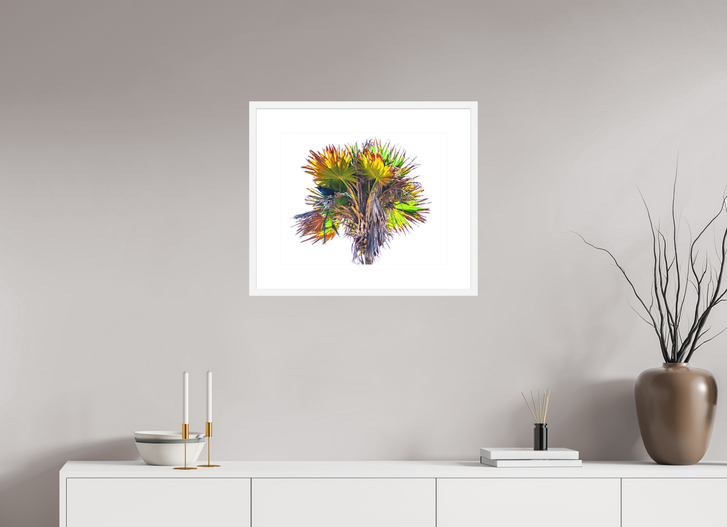 20 x 16″, Solid 0.8" White Wood Frame With 3" Natural White Passe-Partout with Museum Glass Black Bird in Palm Tree