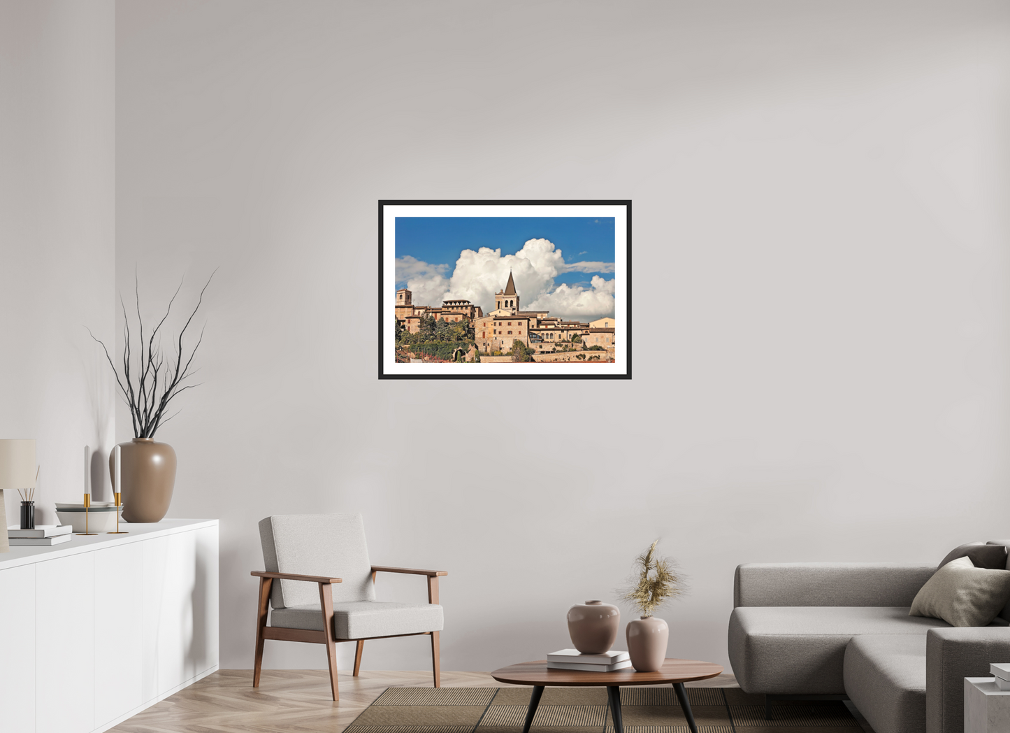 36 x 24″, Solid 0.8" Black Wood Frame With 2" Natural White Passe-Partout with Museum Glass Town of Spello Umbria
