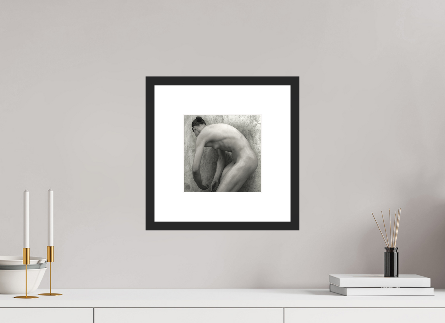 8 x 8″, Solid 0.8" Black Wood Frame With 3" Natural White Passe-Partout with Museum Glass Nude No. 60 - square