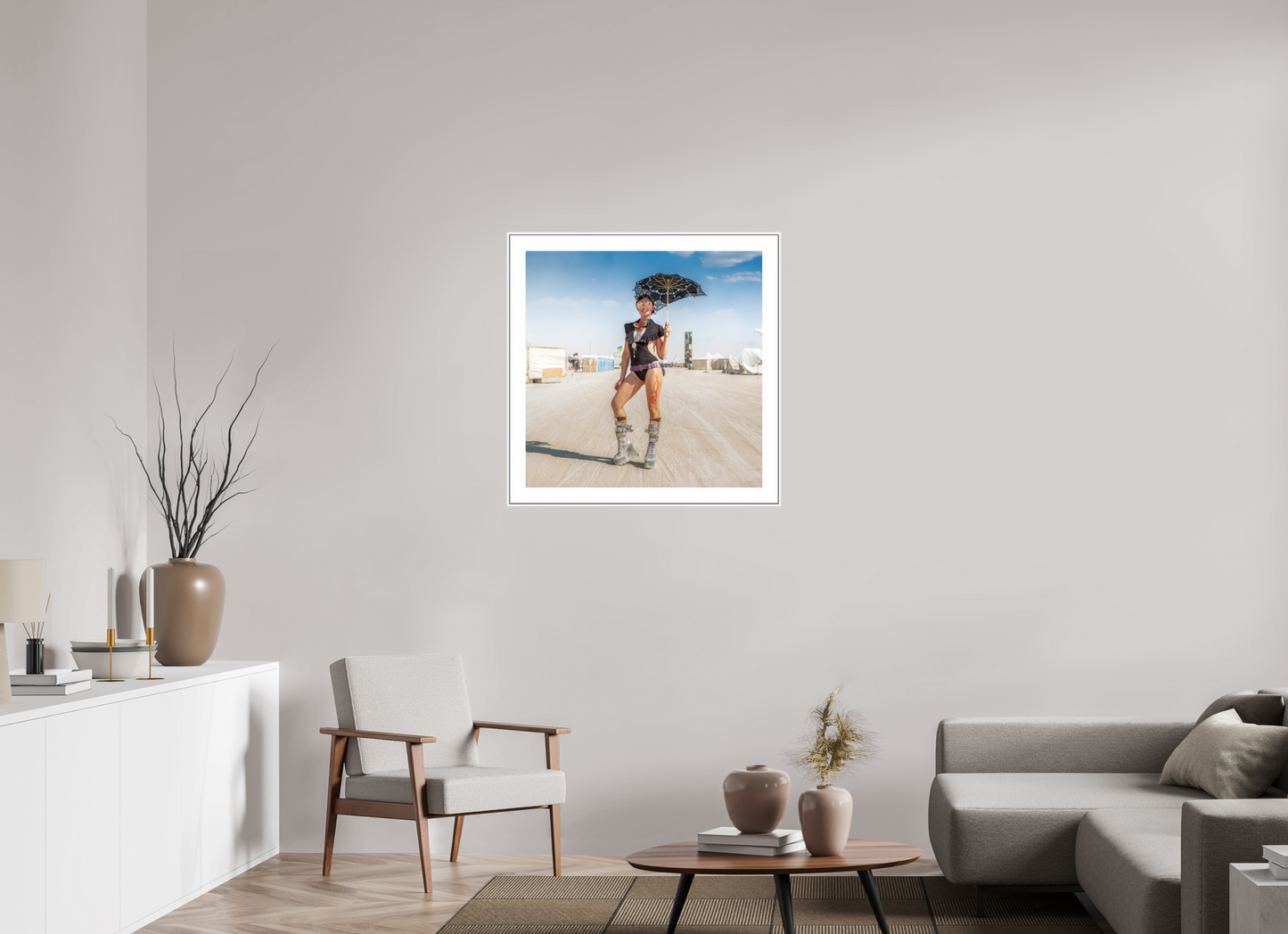 30 x 30″, White Matte Frame Burning Man - Attendee with Parasol