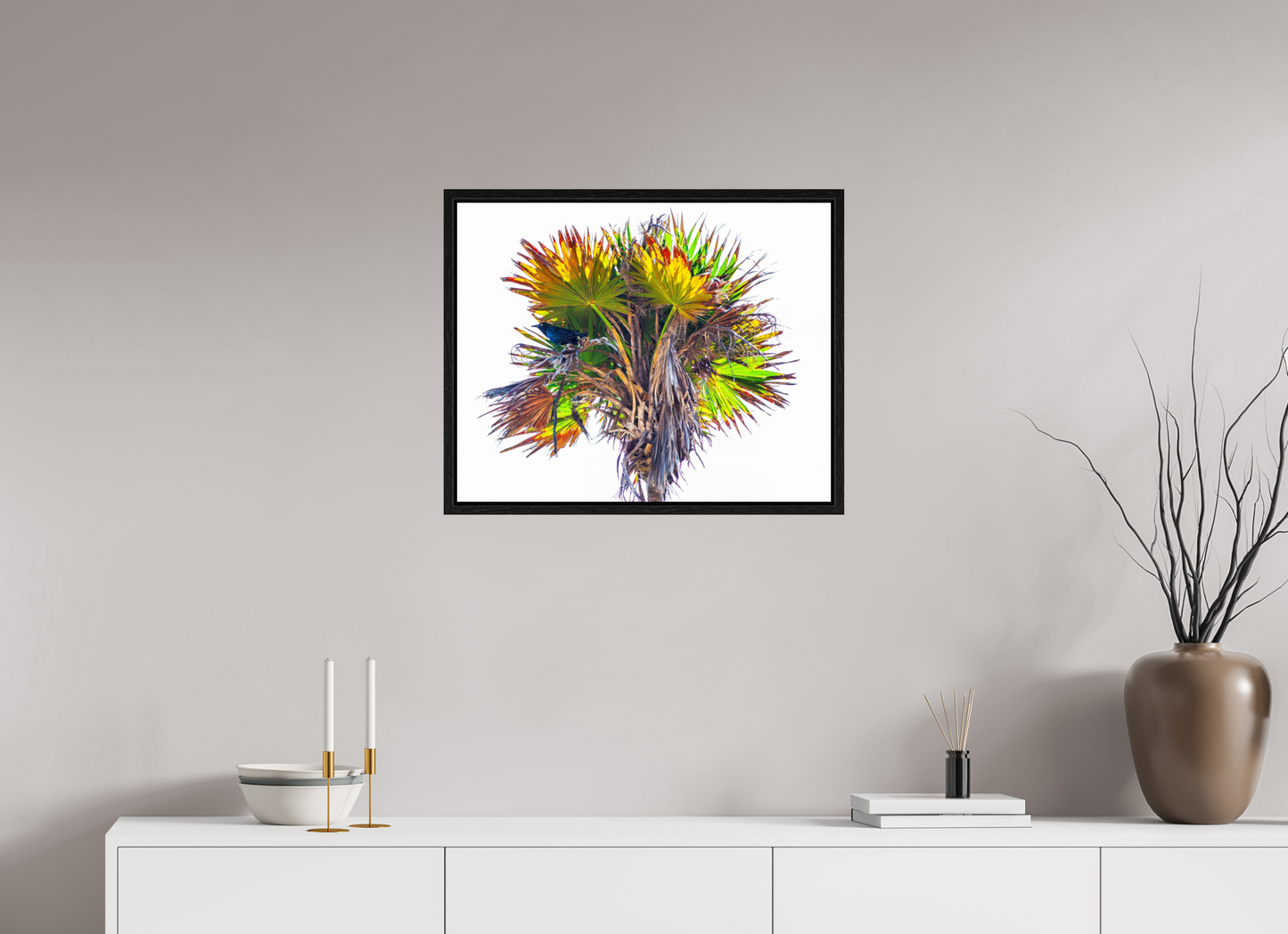 25 x 20″, Floater Frame Black Bird in Palm Tree
