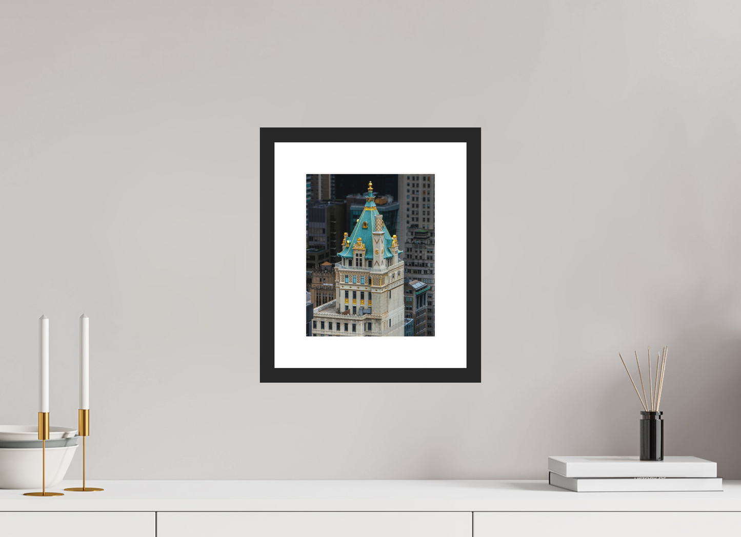 8 x 10″, Solid 0.8" Black Wood Frame With 2" Natural White Passe-Partout with Museum Glass The Heckscher Building