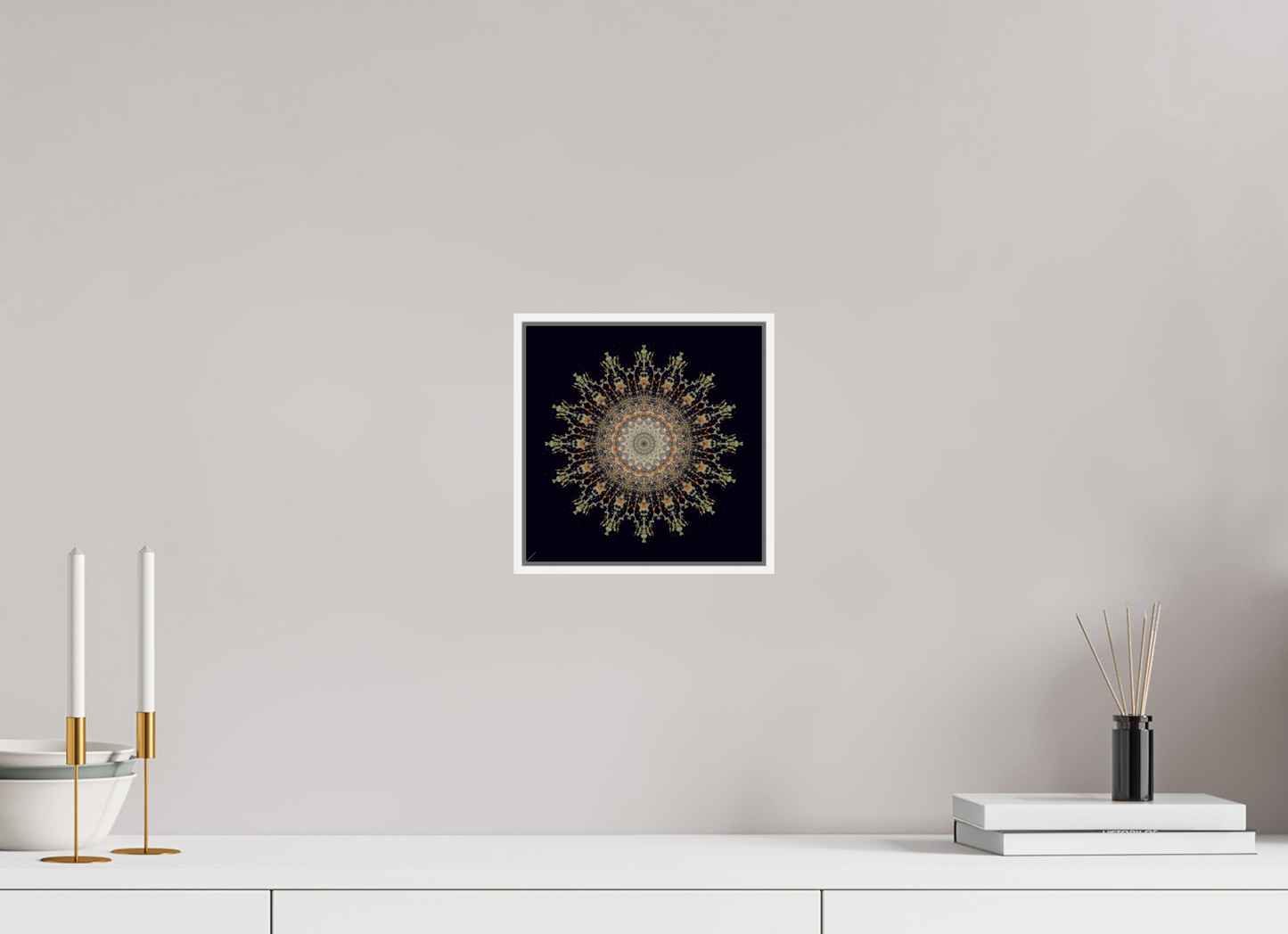 8 x 8″, White Matte Frame, No Border Water Mandala No. 4092
