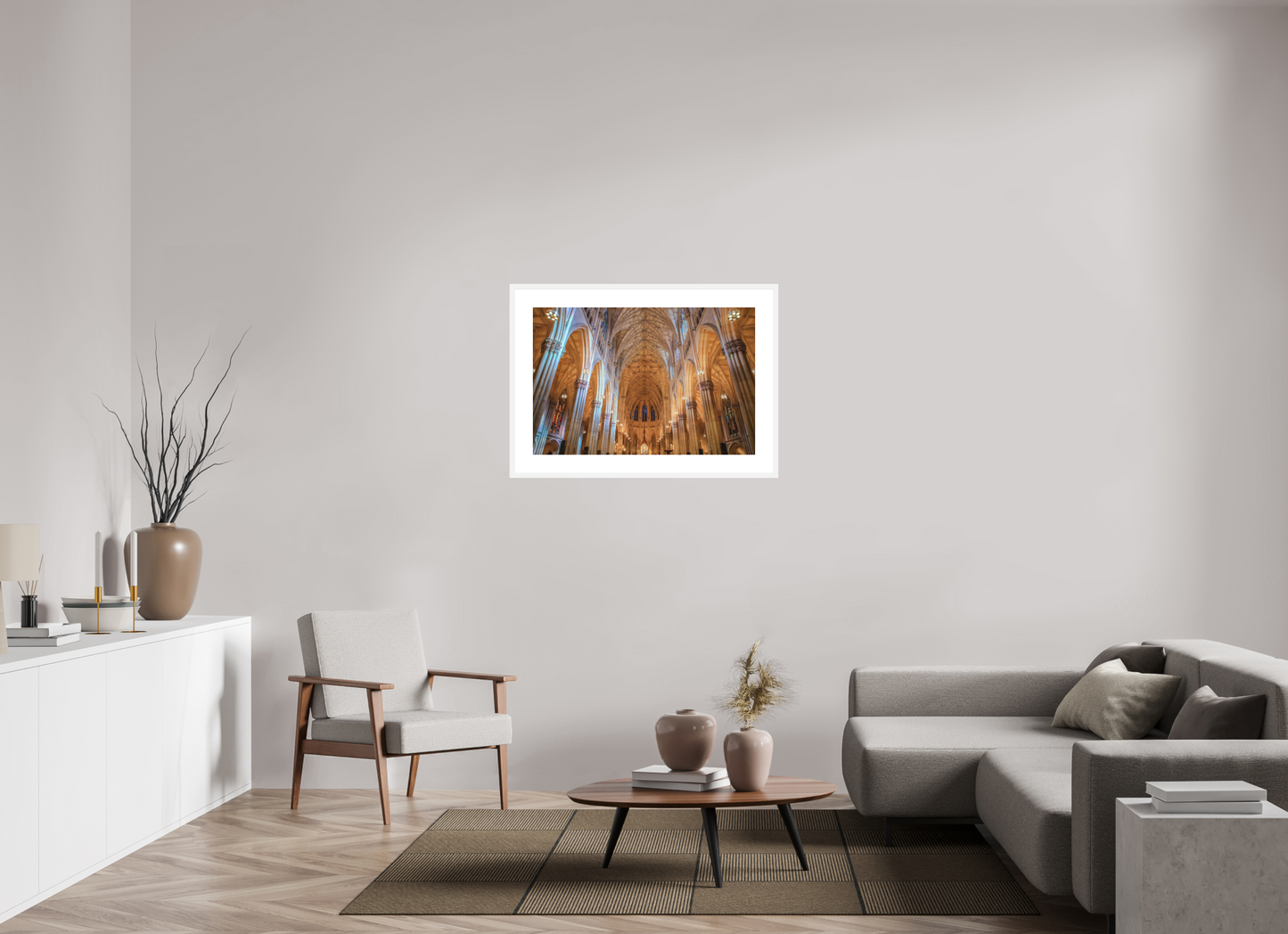 36 x 24″, Solid 0.8" White Wood Frame With 3" Natural White Passe-Partout with Museum Glass St. Patrick's Cathedral