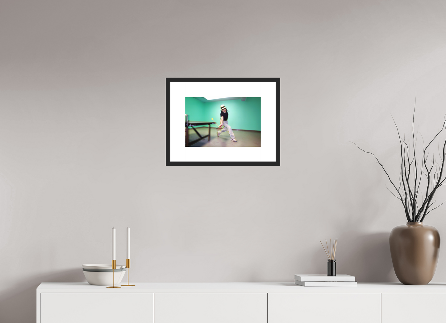 15 x 10″, Solid 0.8" Black Wood Frame With 3" Natural White Passe-Partout with Museum Glass Marty Reisman