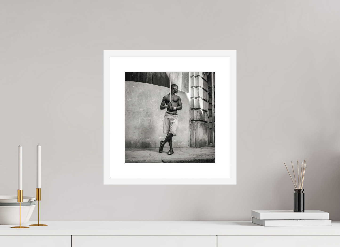 12 x 12.2″, Solid 0.8" White Wood Frame With 2" Natural White Passe-Partout with Museum Glass Cuban Boy Playing Stickball, Havana