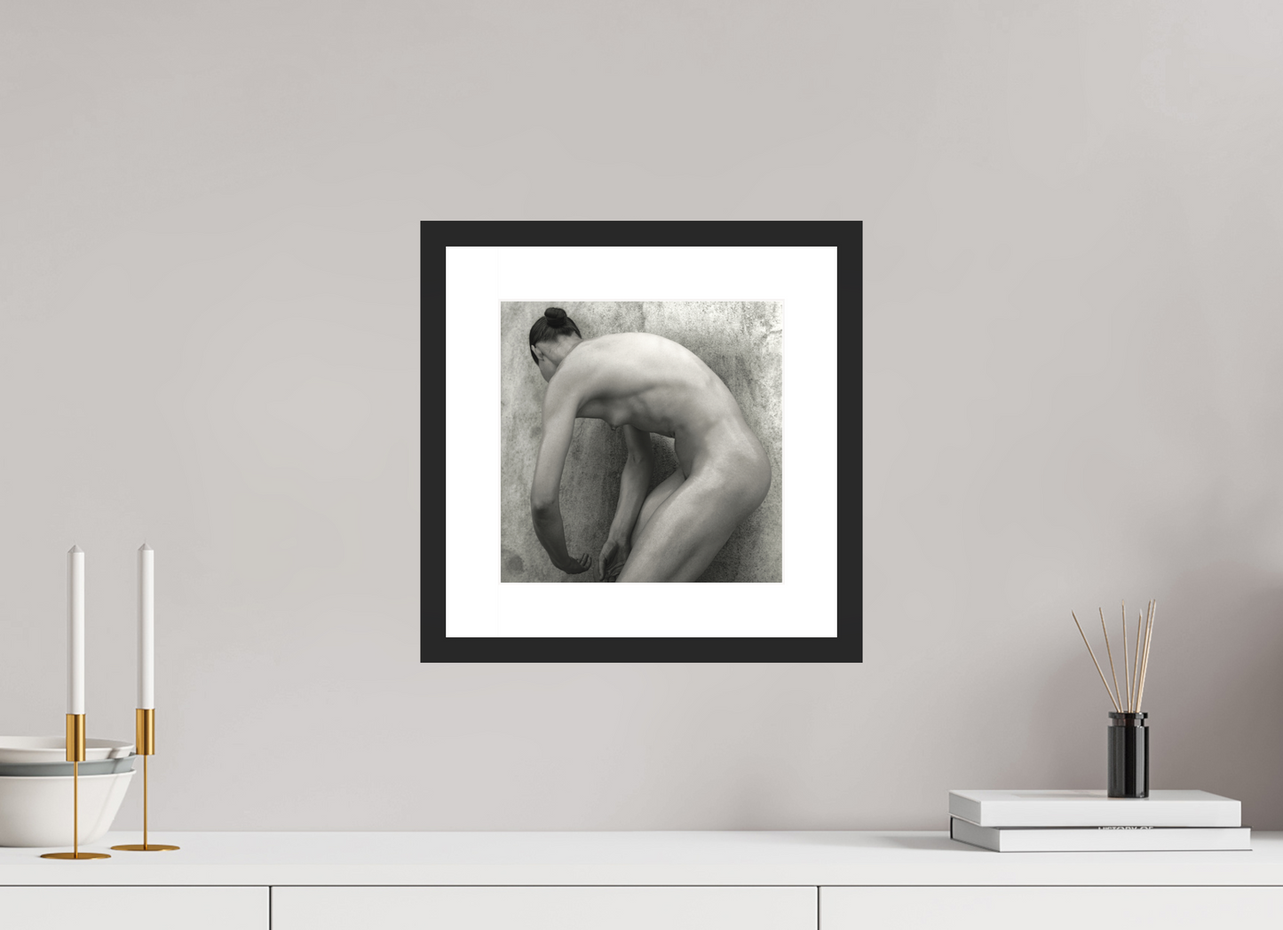 10 x 10″, Solid 0.8" Black Wood Frame With 2" Natural White Passe-Partout with Museum Glass Nude No. 60 - square