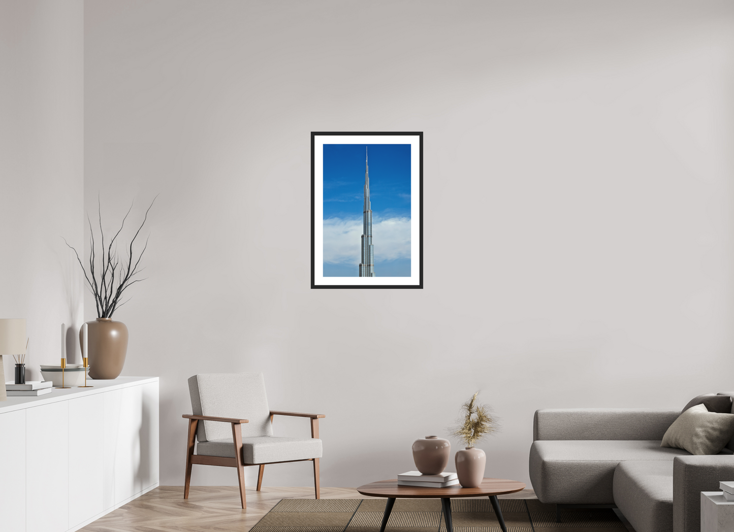 20 x 30″, Solid 0.8" Black Wood Frame With 2" Natural White Passe-Partout with Museum Glass Burj Khalifa Tower, Dubai