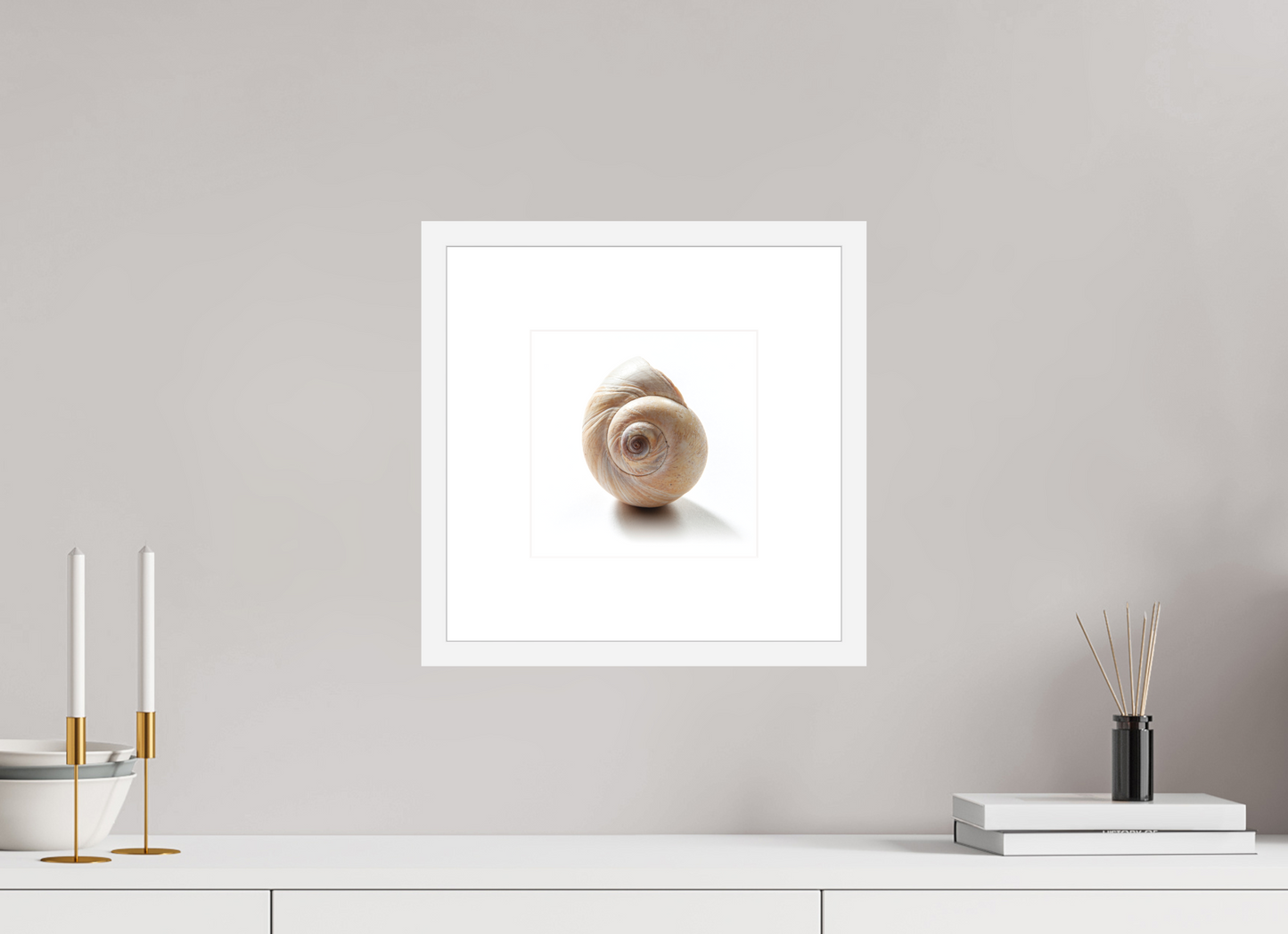 8 x 8″, Solid 0.8" White Wood Frame With 3" Natural White Passe-Partout with Museum Glass Large Sea Shell