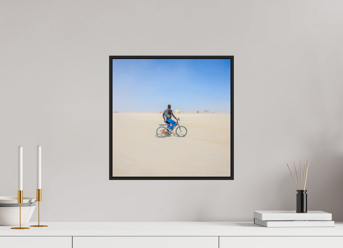 15 x 15″, Black Matte Frame, No Border Burning Man - Man on Red Bike