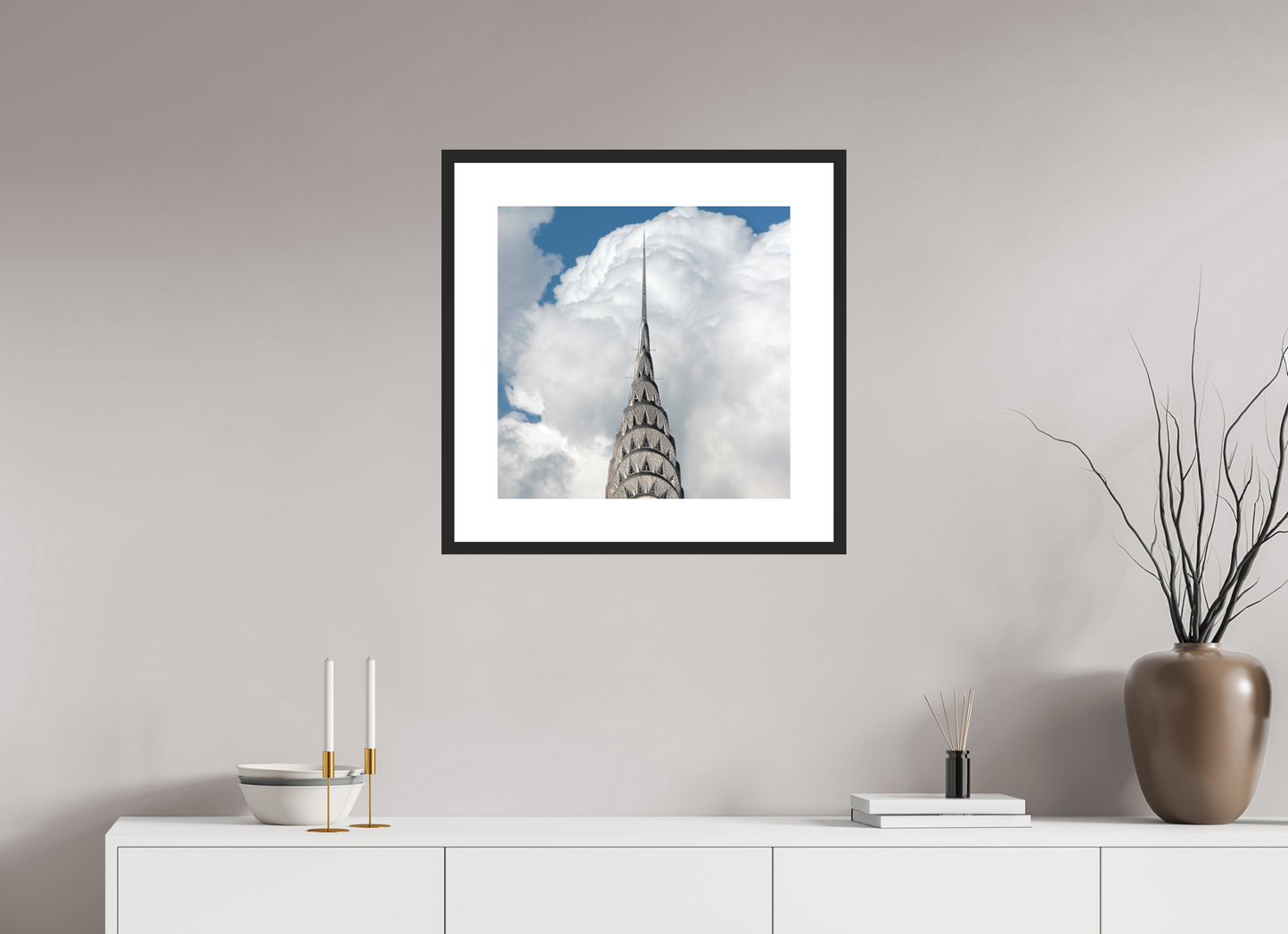 20 x 20″, Solid 0.8" Black Wood Frame With 3" Natural White Passe-Partout with Museum Glass Chrysler Building with Clouds