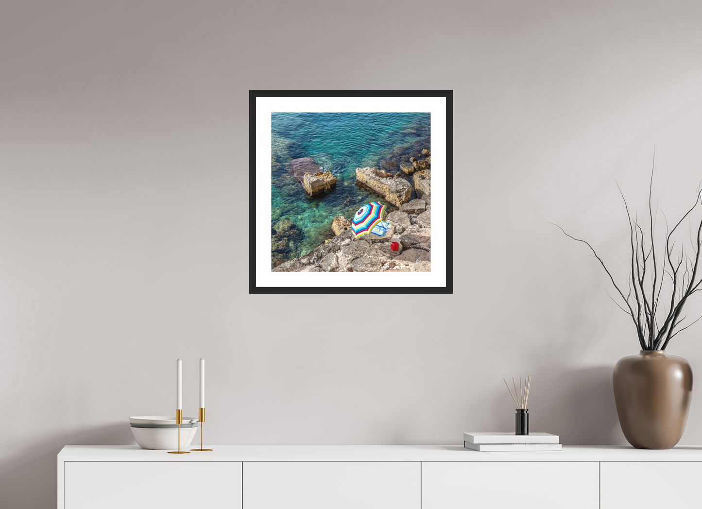 20 x 20″, Solid 0.8" Black Wood Frame With 2" Natural White Passe-Partout with Museum Glass Monopoli Beach