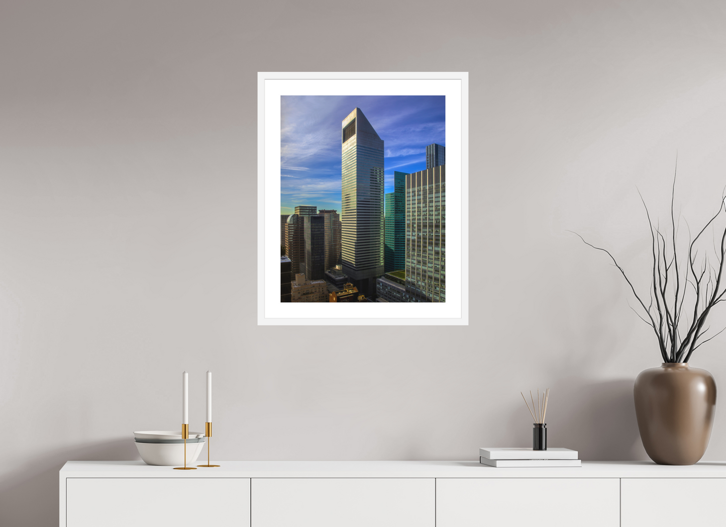 20 x 25″, Solid 0.8" White Wood Frame With 2" Natural White Passe-Partout with Museum Glass CitiCorp Tower