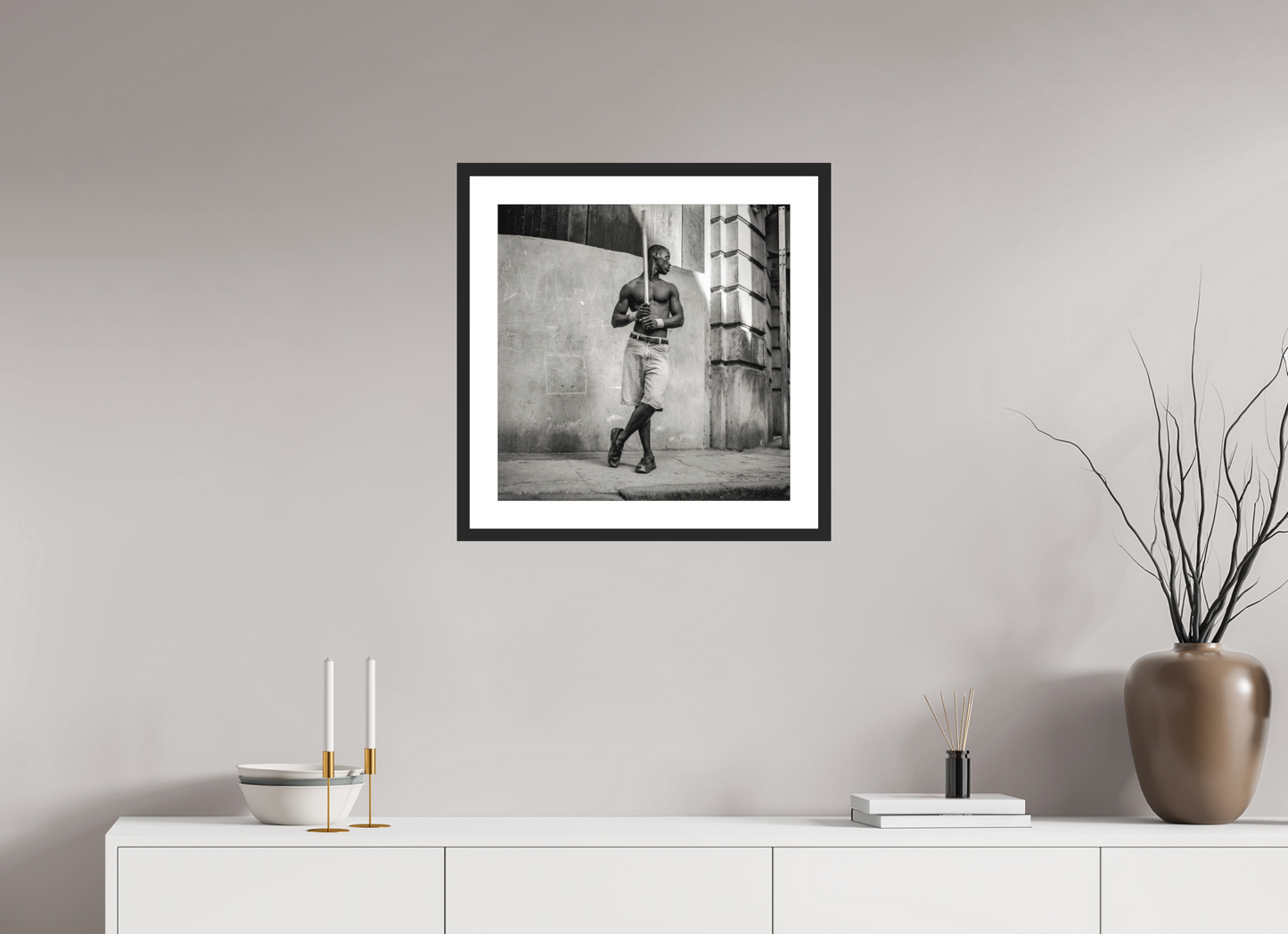 20 x 20.3″, Solid 0.8" Black Wood Frame With 2" Natural White Passe-Partout with Museum Glass Cuban Boy Playing Stickball, Havana