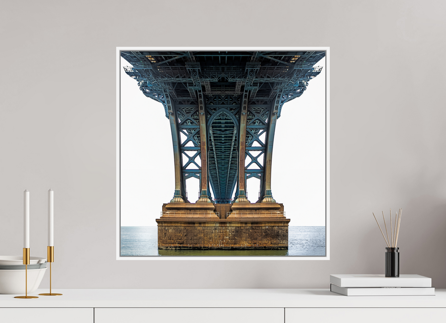 20 x 20″, White Matte Frame, No Border Manhattan Bridge