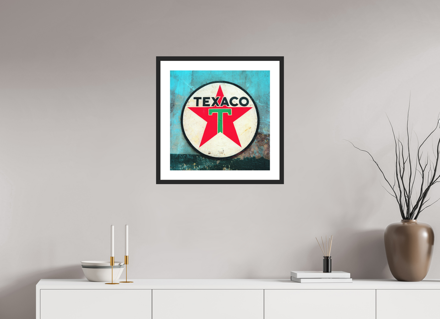 20 x 20″, Solid 0.8" Black Wood Frame With 2" Natural White Passe-Partout with Museum Glass Texaco Sign Cuba