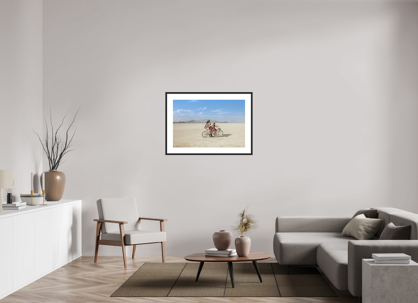 36 x 24″, Solid 0.8" Black Wood Frame With 3" Natural White Passe-Partout with Museum Glass Burning Man - Two with Bikes and USA Flag