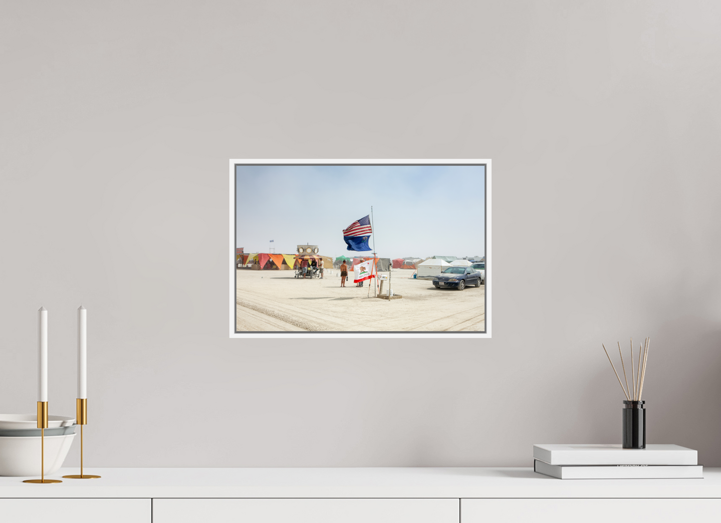 15 x 10″, White Matte Frame, No Border Burning Man - Two Flags