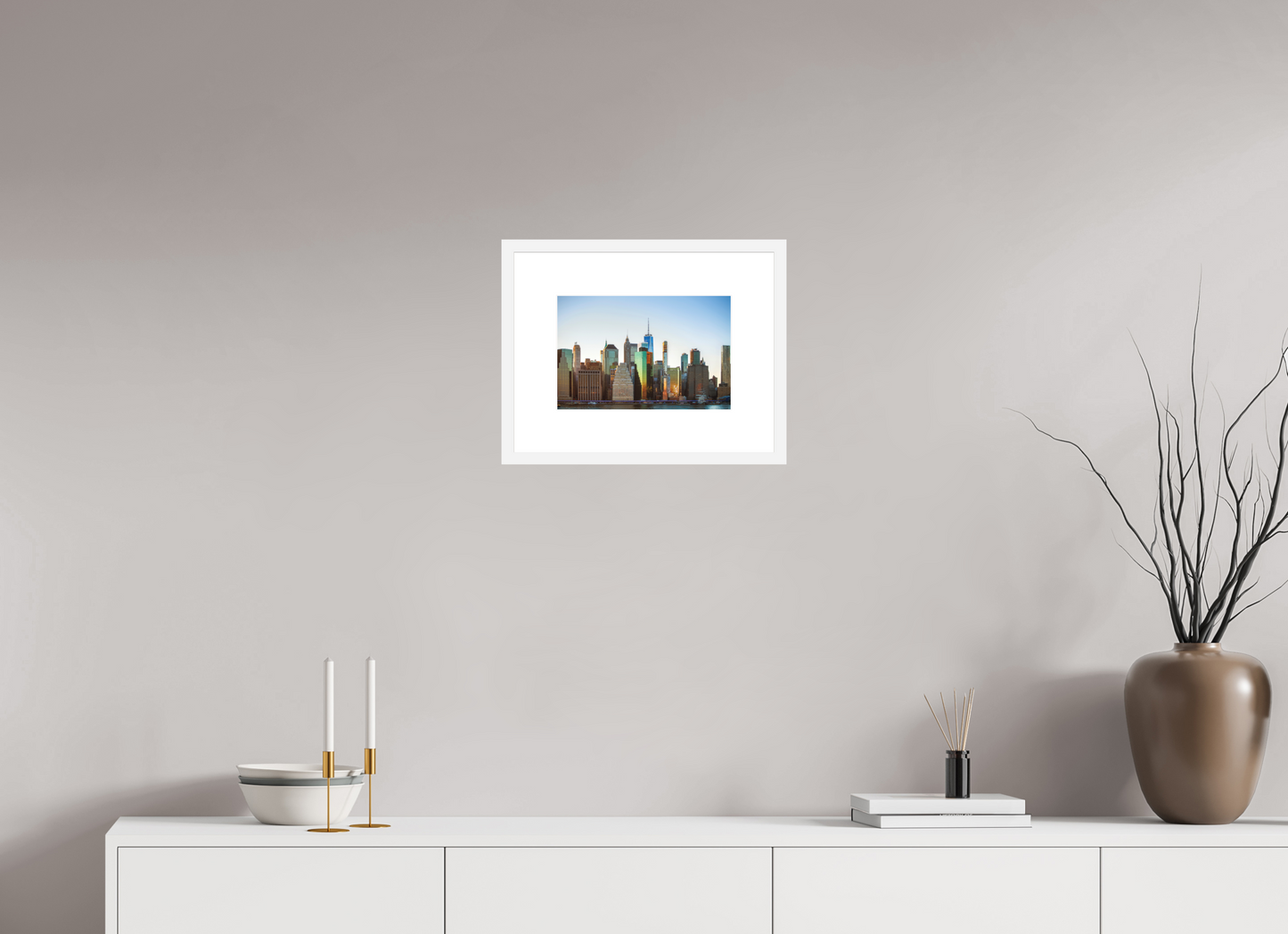 12 x 8″, Solid 0.8" White Wood Frame With 3" Natural White Passe-Partout with Museum Glass Lower Manhattan