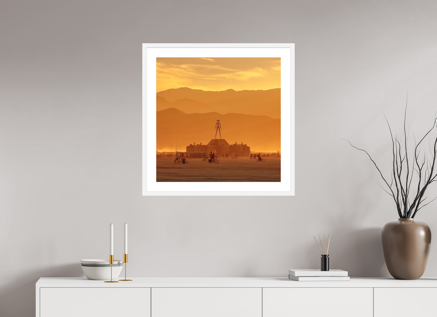 25 x 25″, Solid 0.8" White Wood Frame With 2" Natural White Passe-Partout with Museum Glass Burning Man with Mountains