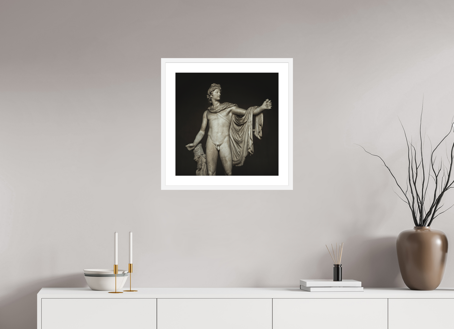 20 x 20″, Solid 0.8" White Wood Frame With 2" Natural White Passe-Partout with Museum Glass Apollo