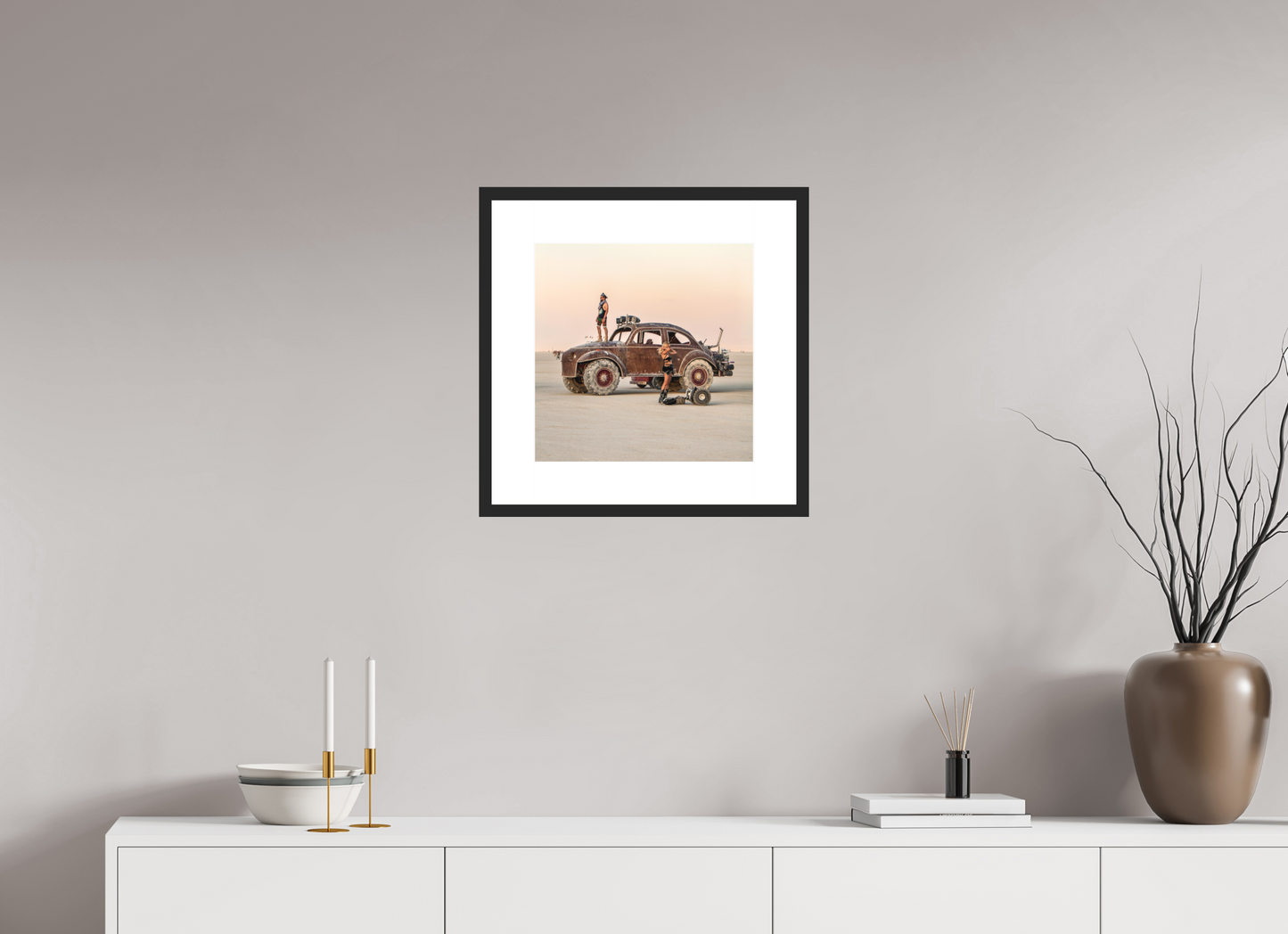 15 x 15″, Solid 0.8" Black Wood Frame With 3" Natural White Passe-Partout with Museum Glass Burning Man - Large VW Art Car (square format)