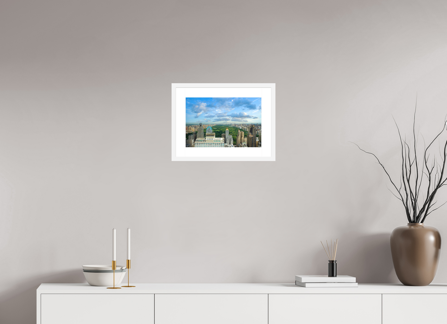 15 x 10″, Solid 0.8" White Wood Frame With 2" Natural White Passe-Partout with Museum Glass Central Park