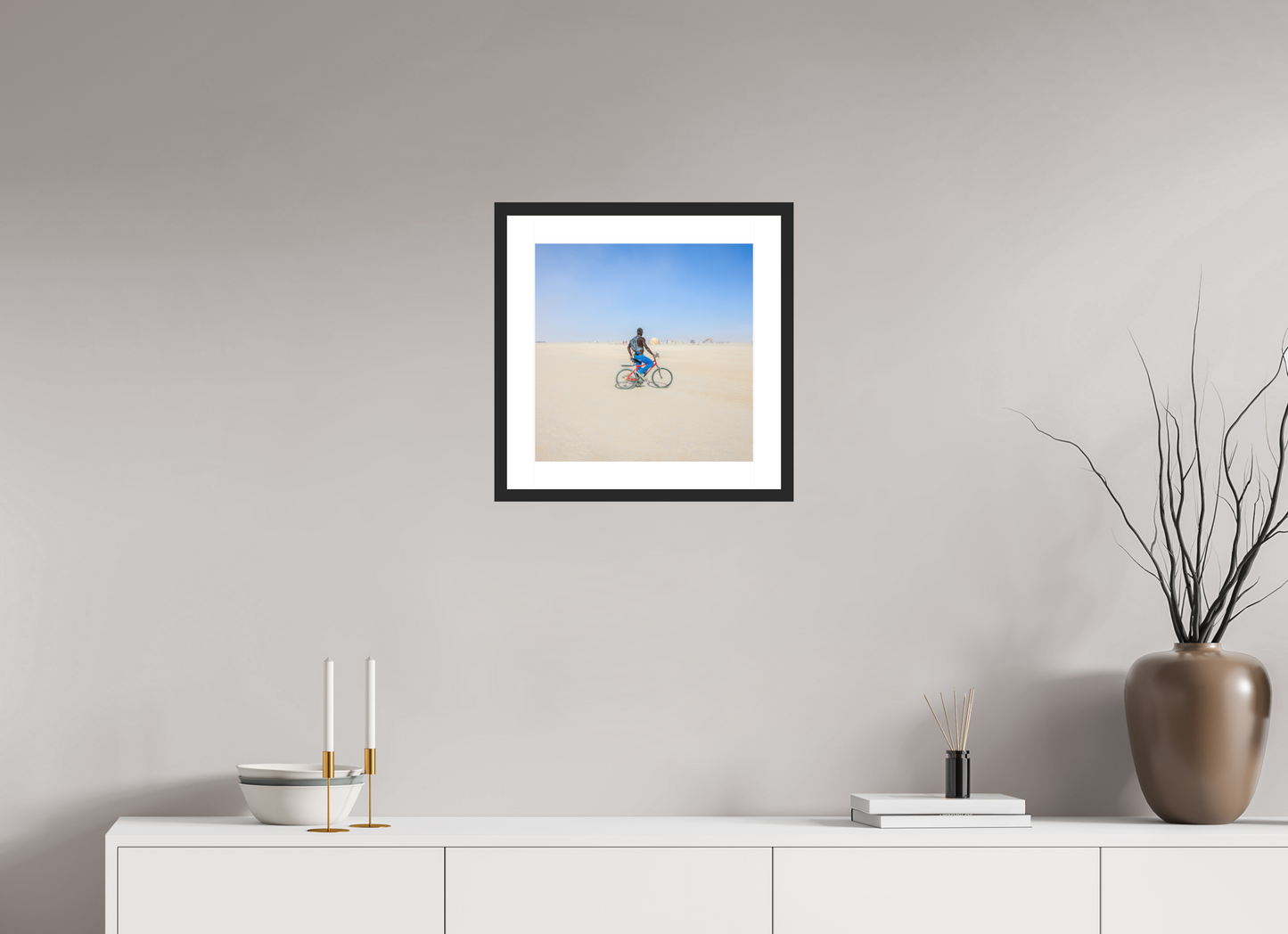 15 x 15″, Solid 0.8" Black Wood Frame With 2" Natural White Passe-Partout with Museum Glass Burning Man - Man on Red Bike