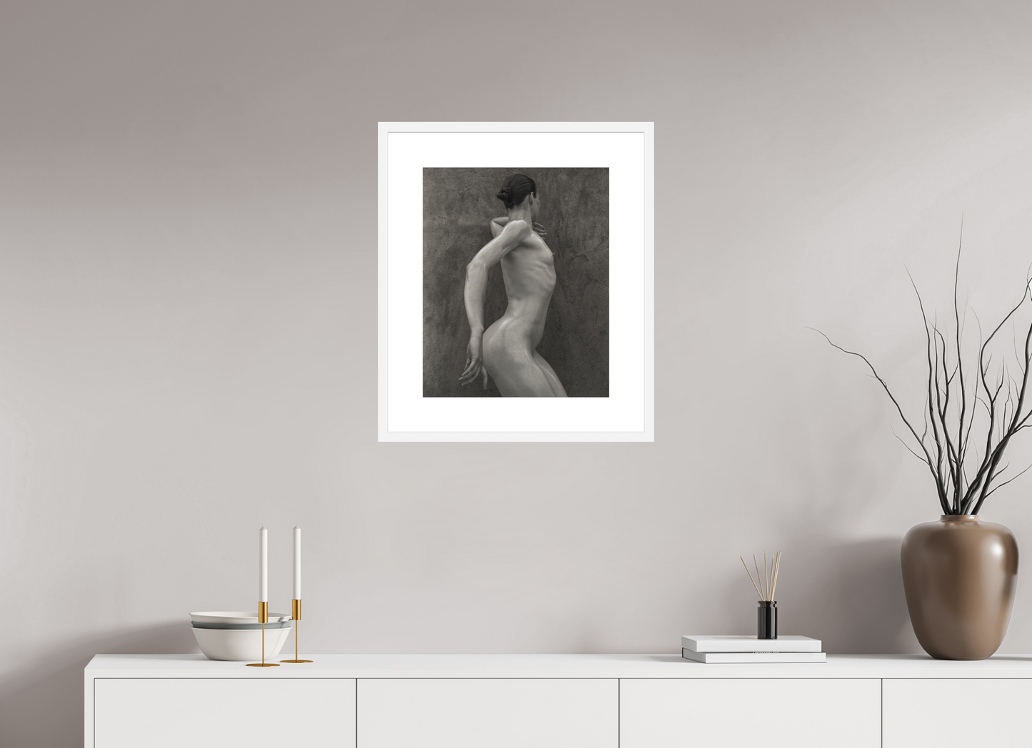 16 x 19.6″, Solid 0.8" White Wood Frame With 3" Natural White Passe-Partout with Museum Glass Nude No. 44
