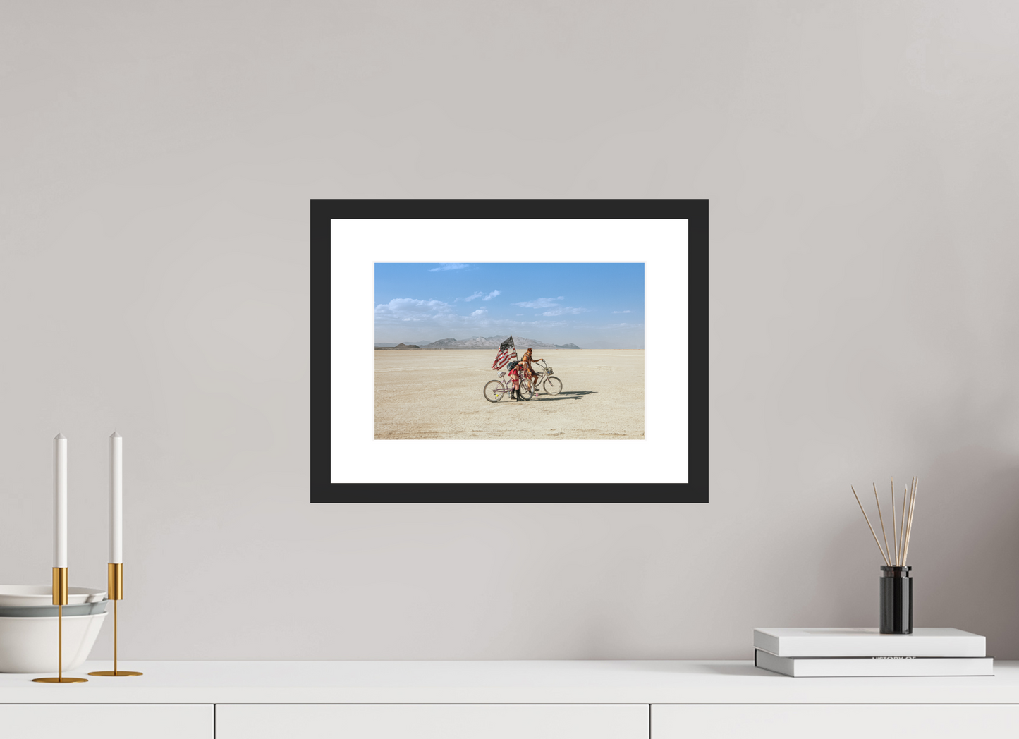 12 x 8″, Solid 0.8" Black Wood Frame With 2" Natural White Passe-Partout with Museum Glass Burning Man - Two with Bikes and USA Flag