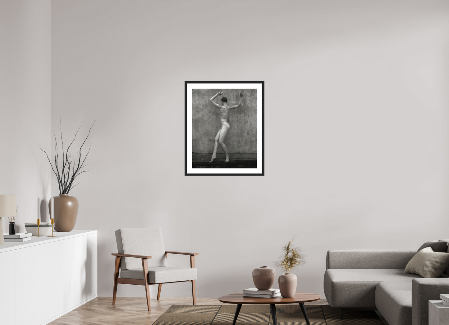 24 x 29.5″, Solid 0.8" Black Wood Frame With 2" Natural White Passe-Partout with Museum Glass Nude No. 46